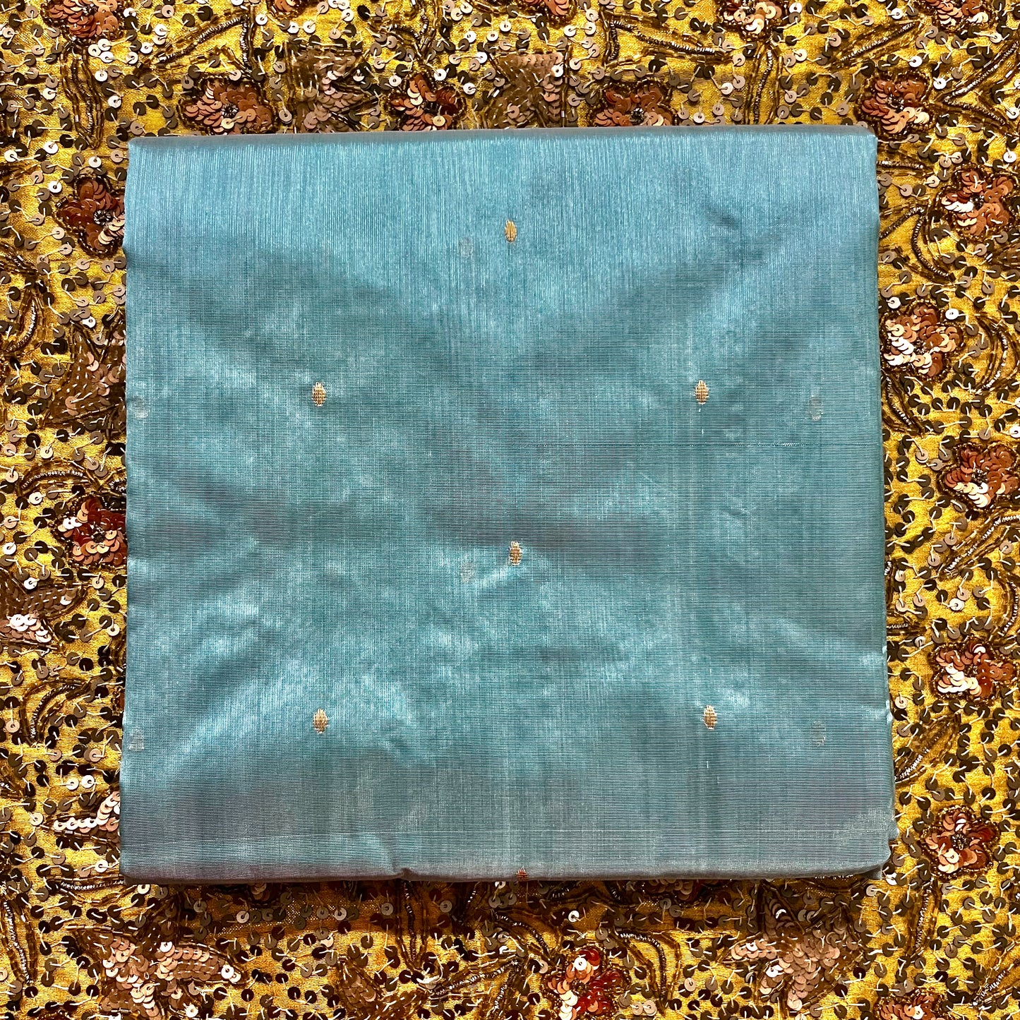 Baby blue chanderi silk saree with zari bootis all over