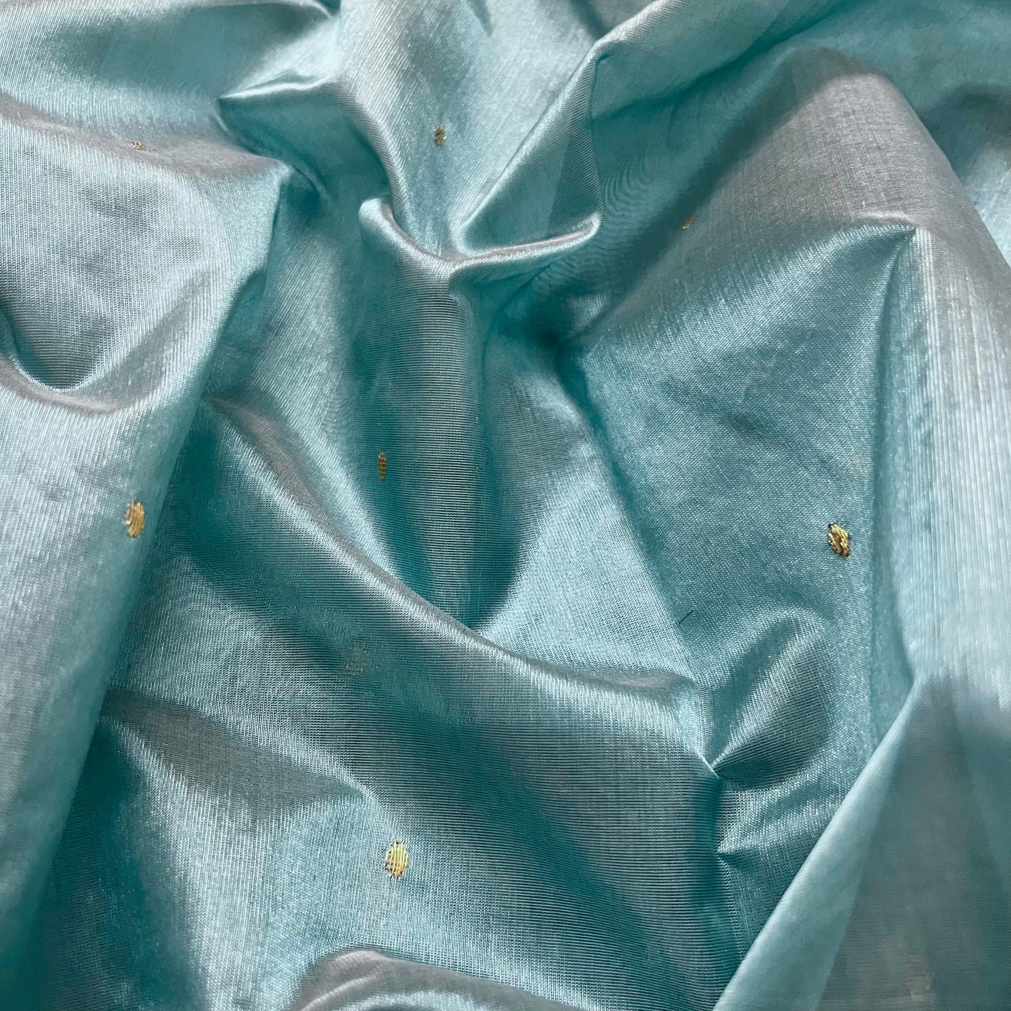 Baby blue chanderi silk saree with zari bootis all over