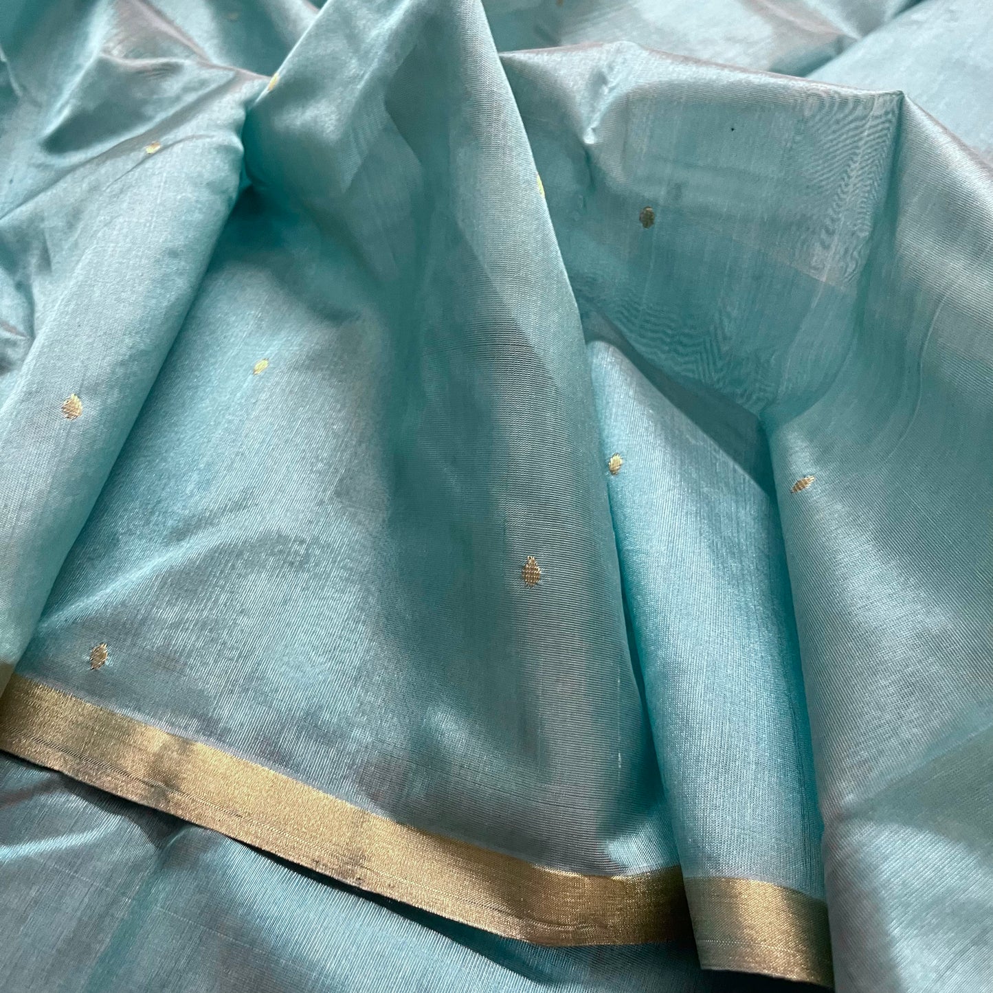 Baby blue chanderi silk saree with zari bootis all over
