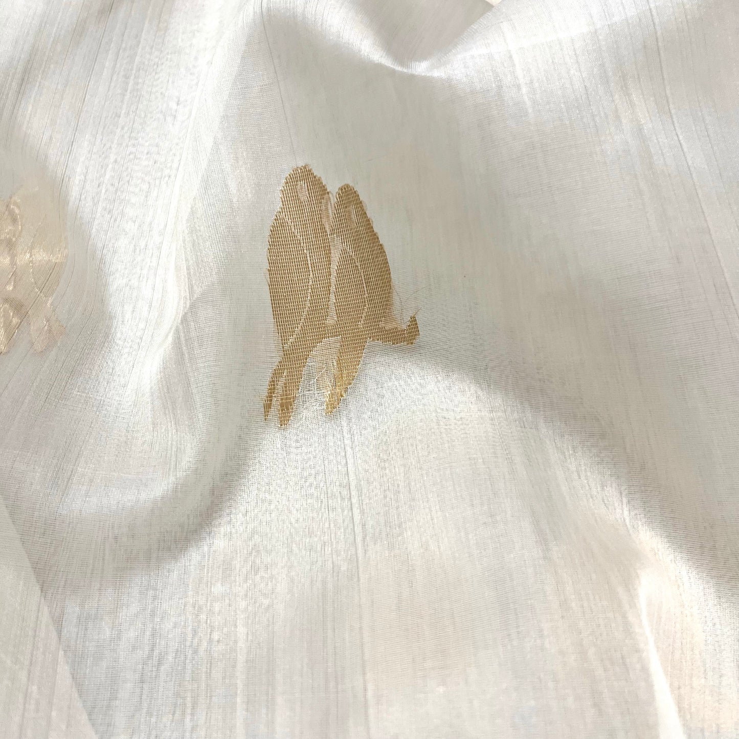 Off white and gold chanderi organza silk saree with bird motifs all over