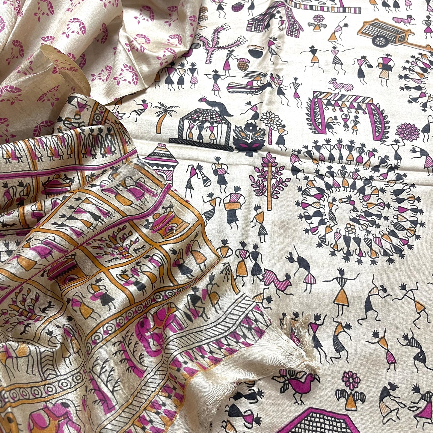 Beige bhagalpuri suit with madhubani print all over