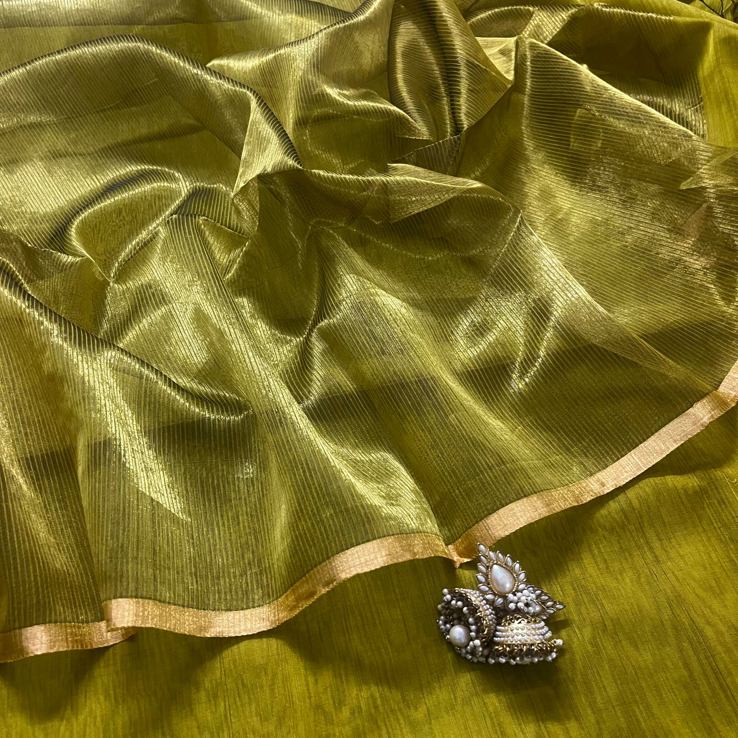 Gold olive maheshwari saree with zari border
