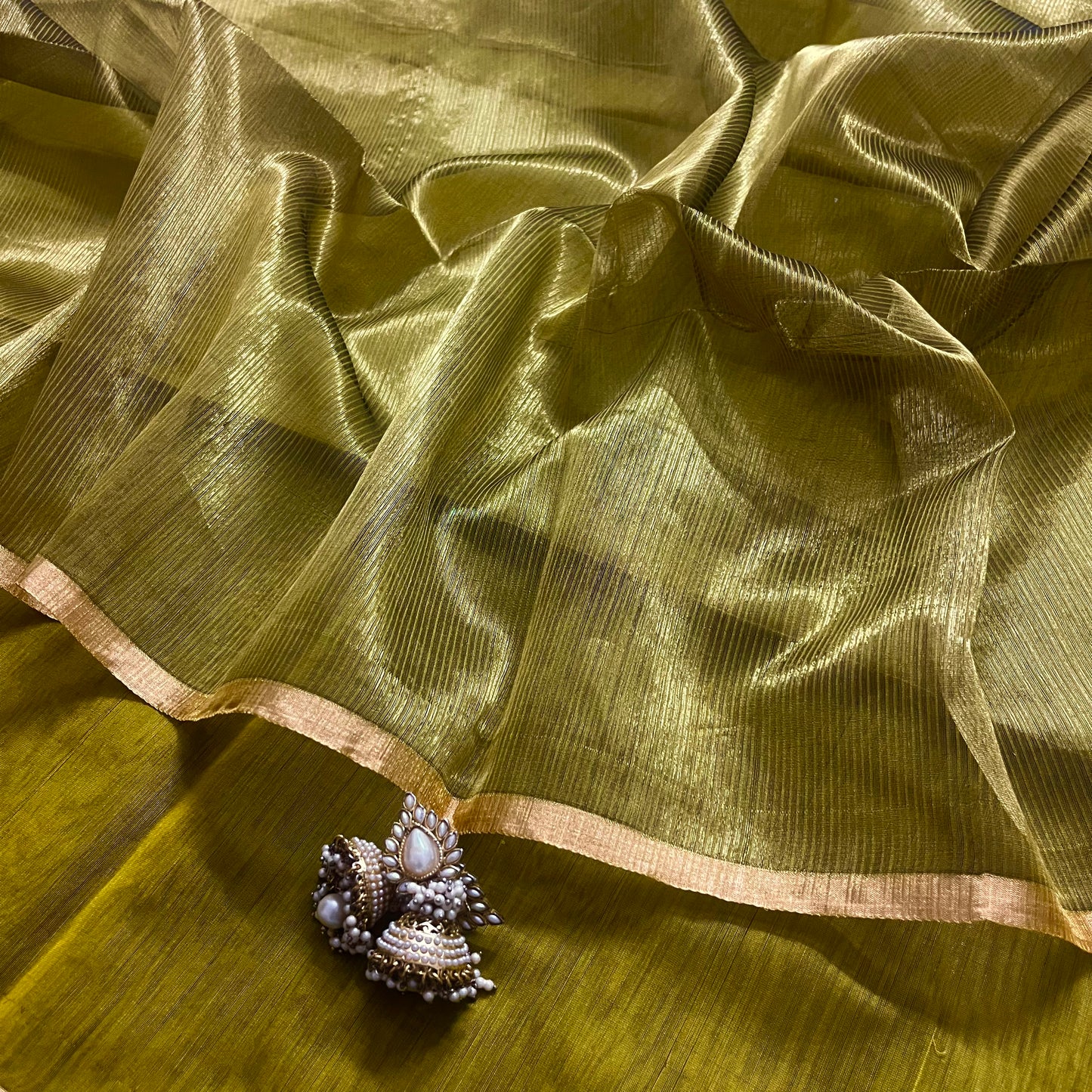 Gold olive maheshwari saree with zari border