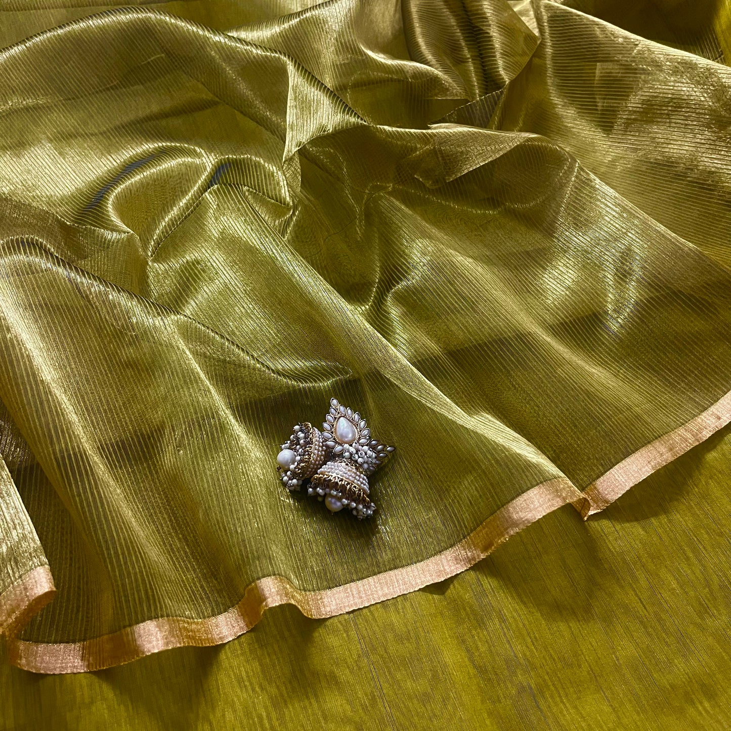 Gold olive maheshwari saree with zari border