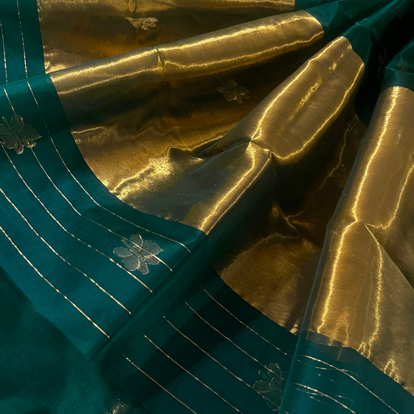 Teal green chanderi silk saree with butterfly motifs all over