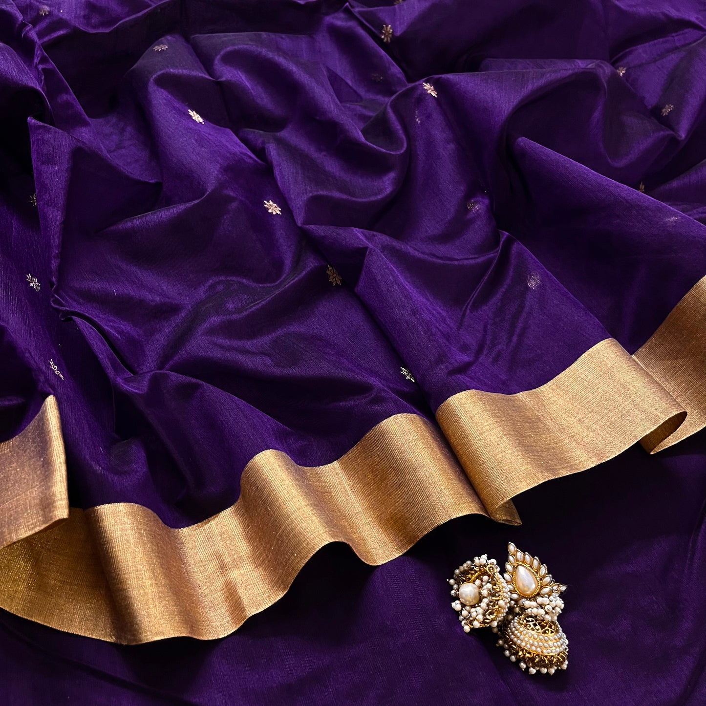 Dark purple chanderi saree with zari motifs on pallu