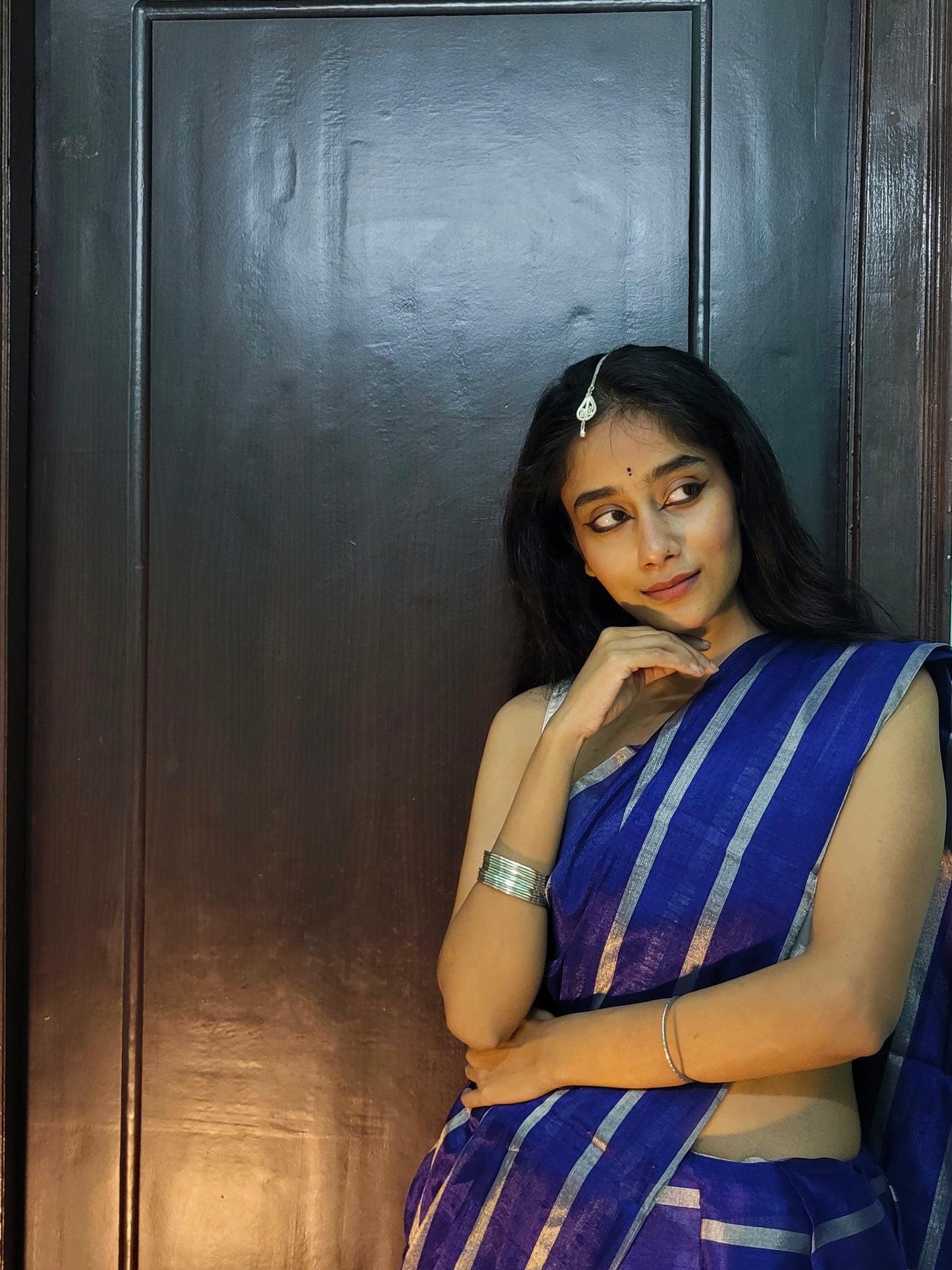 Dark blue and silver striped chanderi tissue silk saree