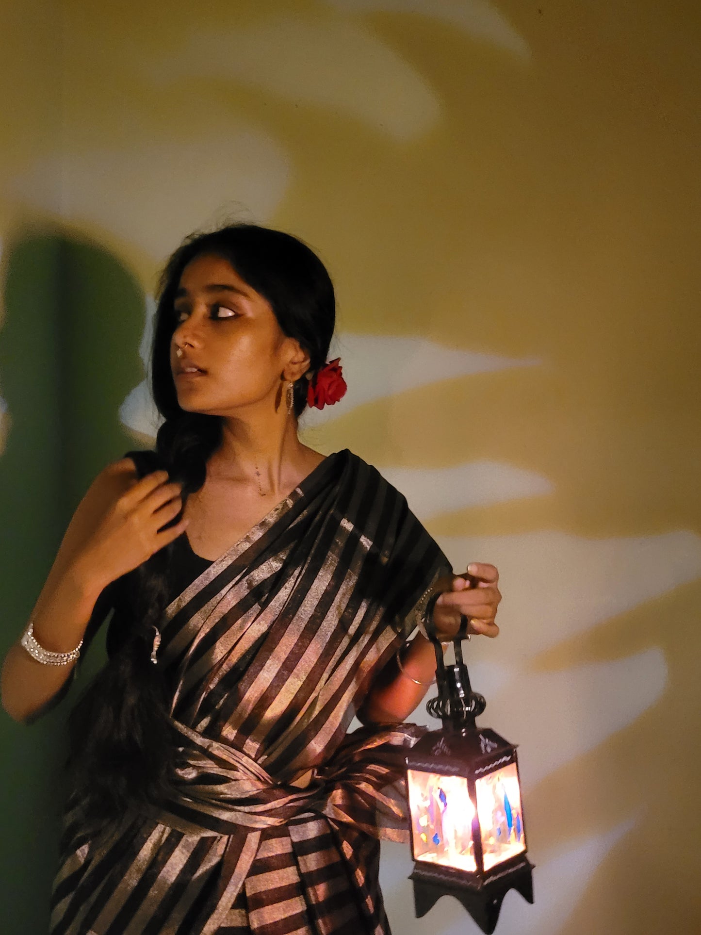 Black and silver striped chanderi tissue silk saree