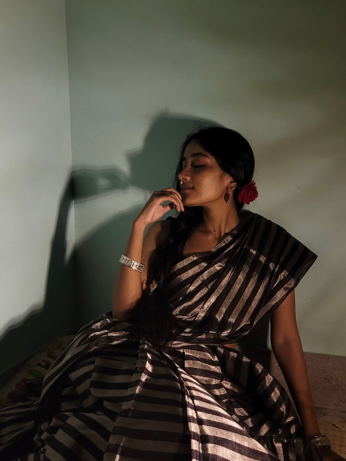 Black and silver striped chanderi tissue silk saree