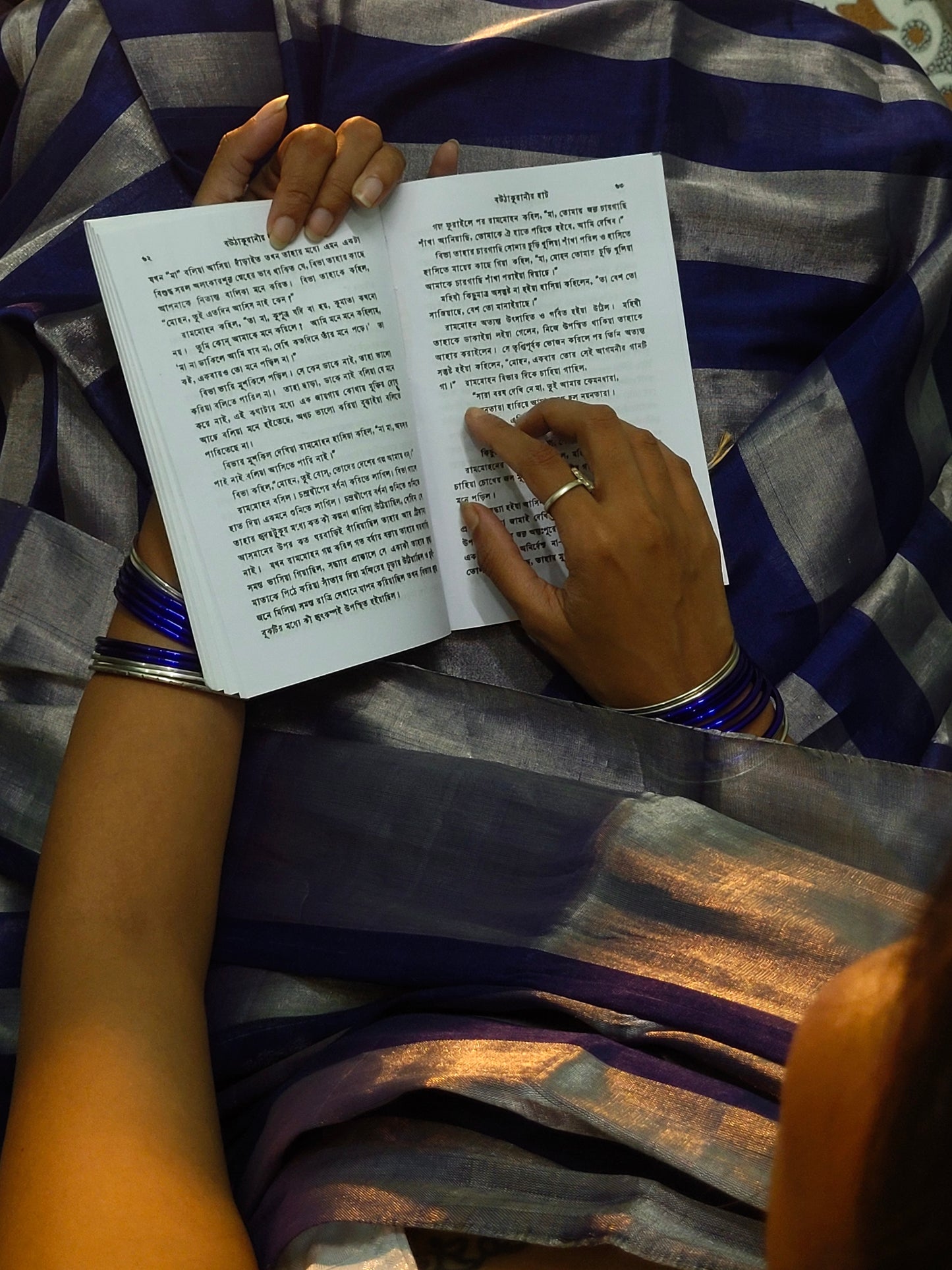 Silver and blue striped chanderi tissue silk saree