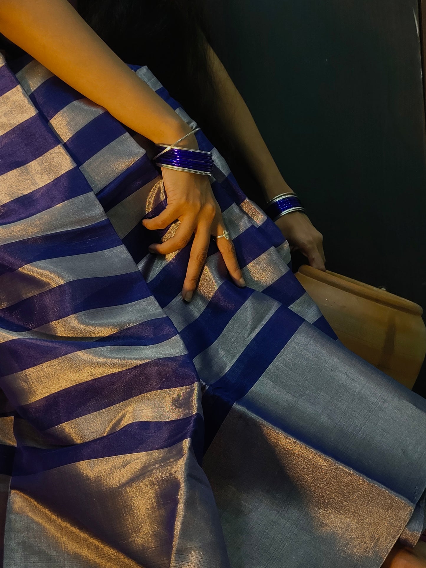 Silver and blue striped chanderi tissue silk saree
