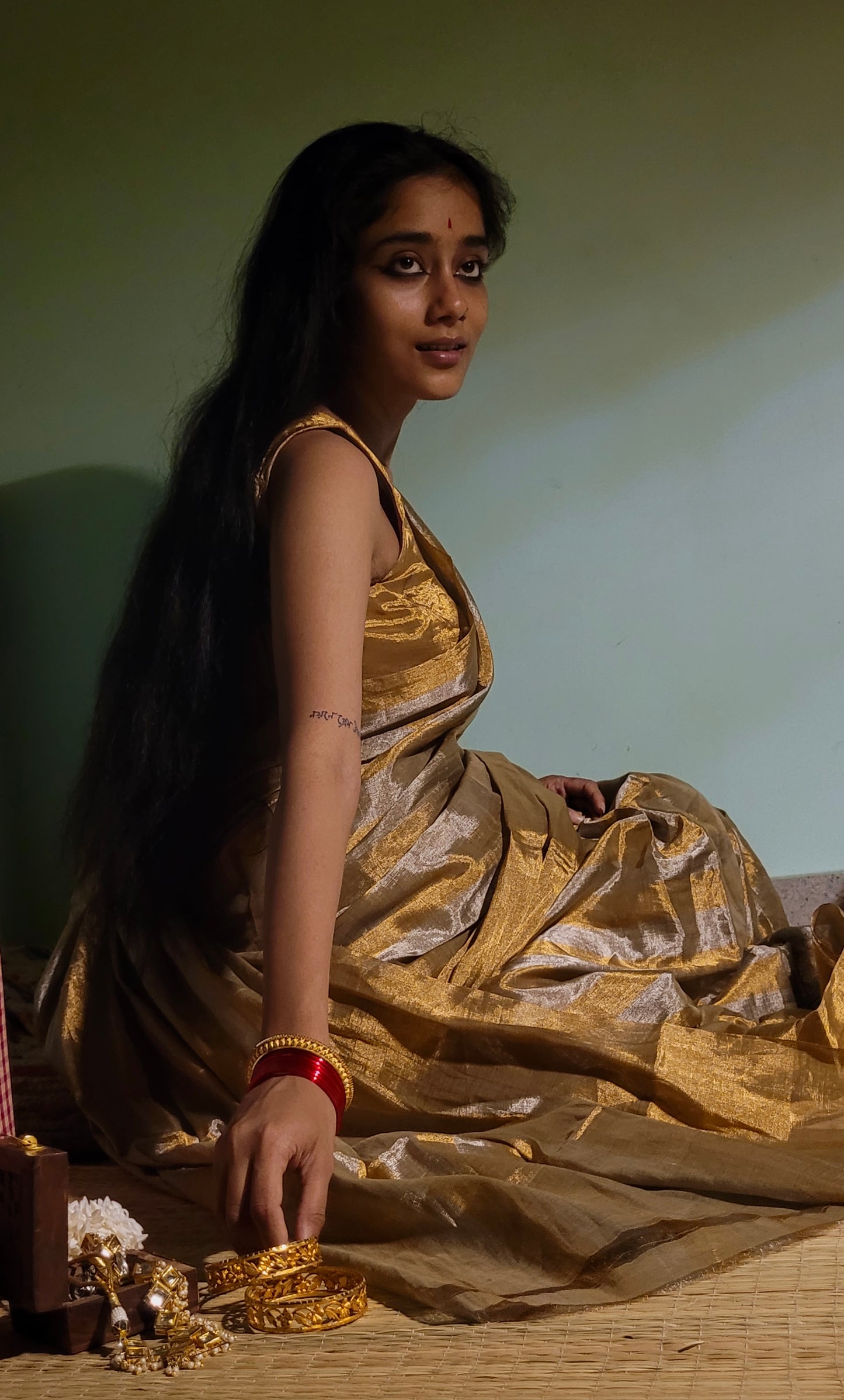 Gold and silver striped chanderi tissue silk saree