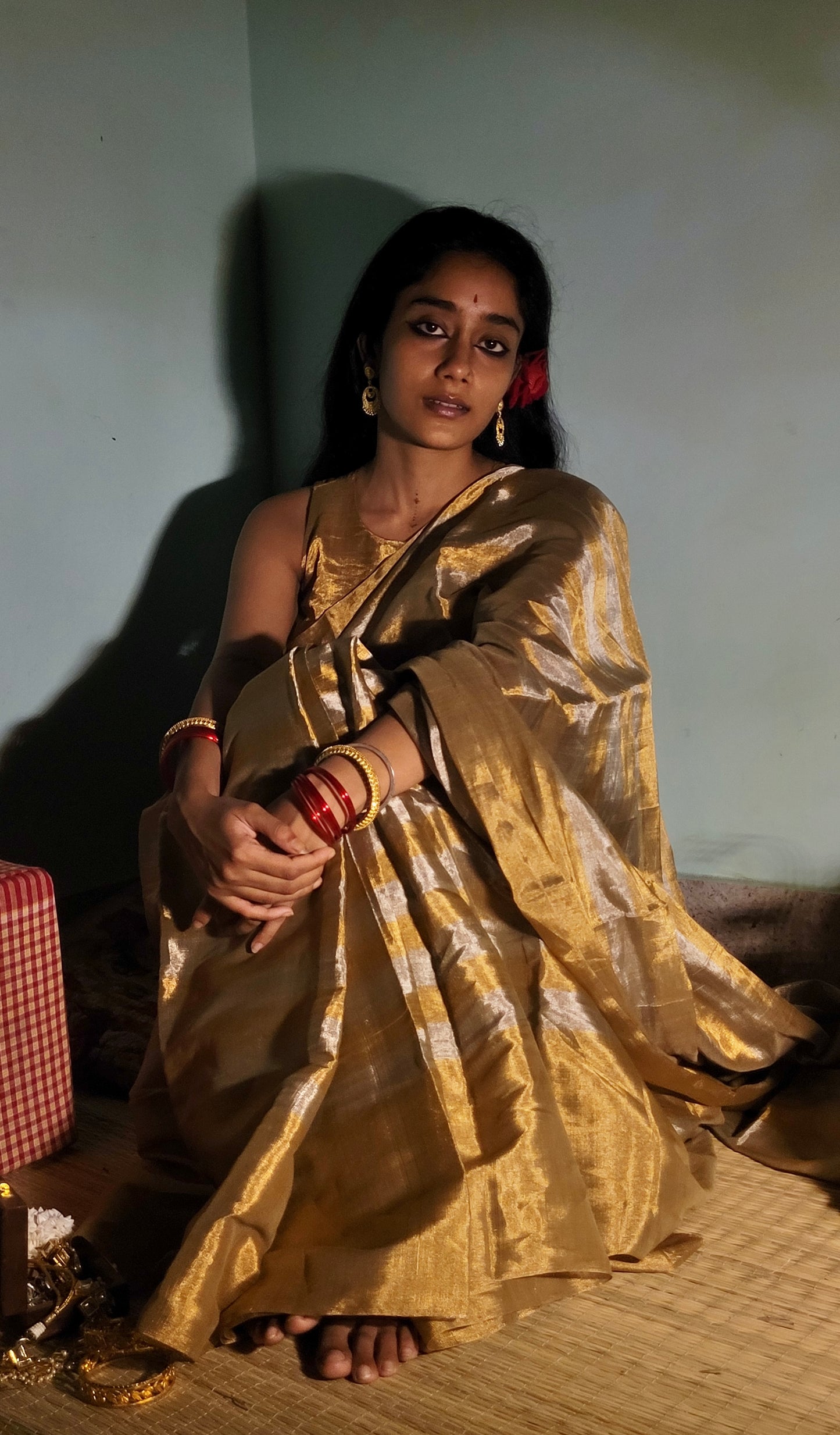 Gold and silver striped chanderi tissue silk saree