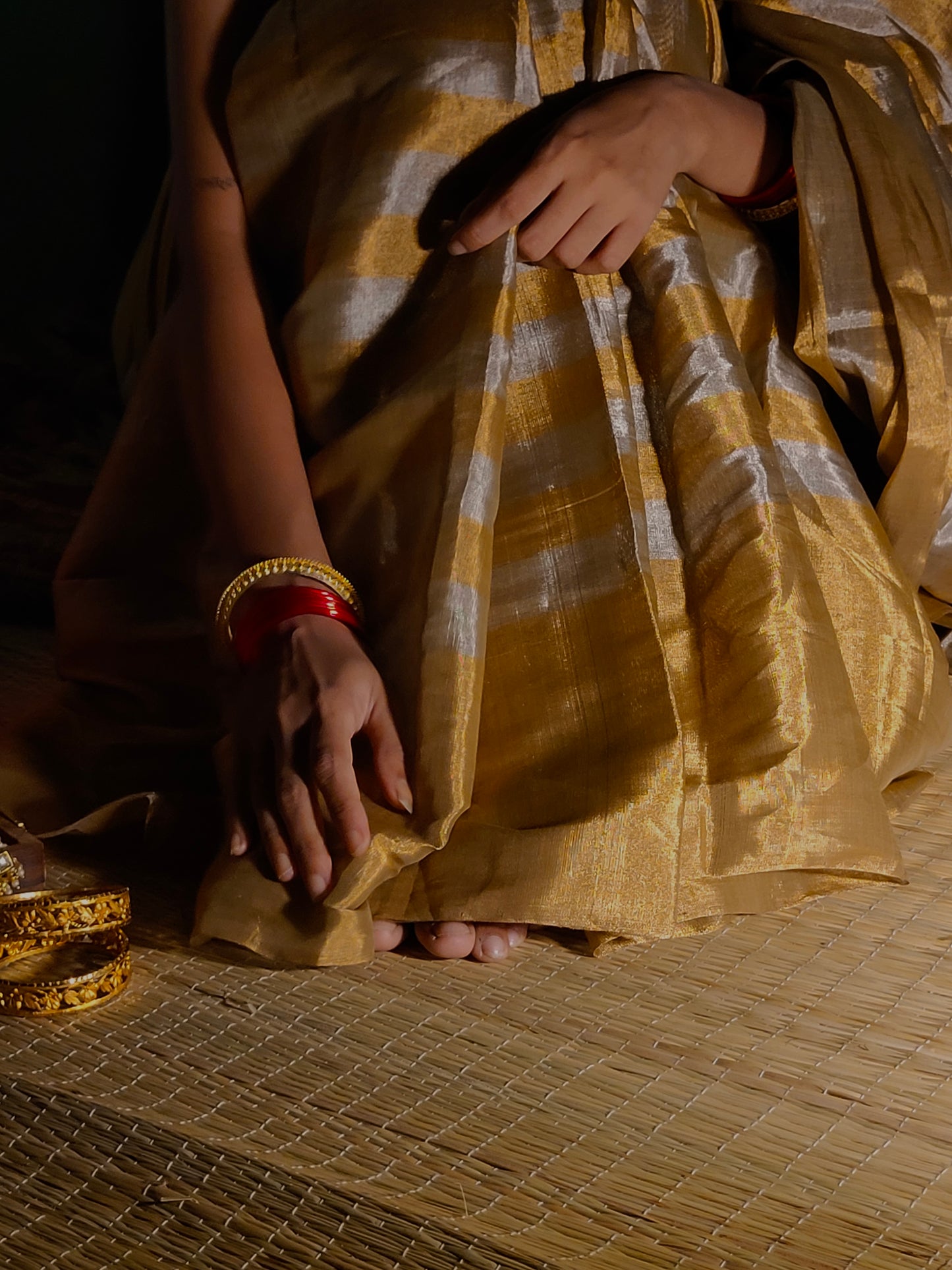 Gold and silver striped chanderi tissue silk saree