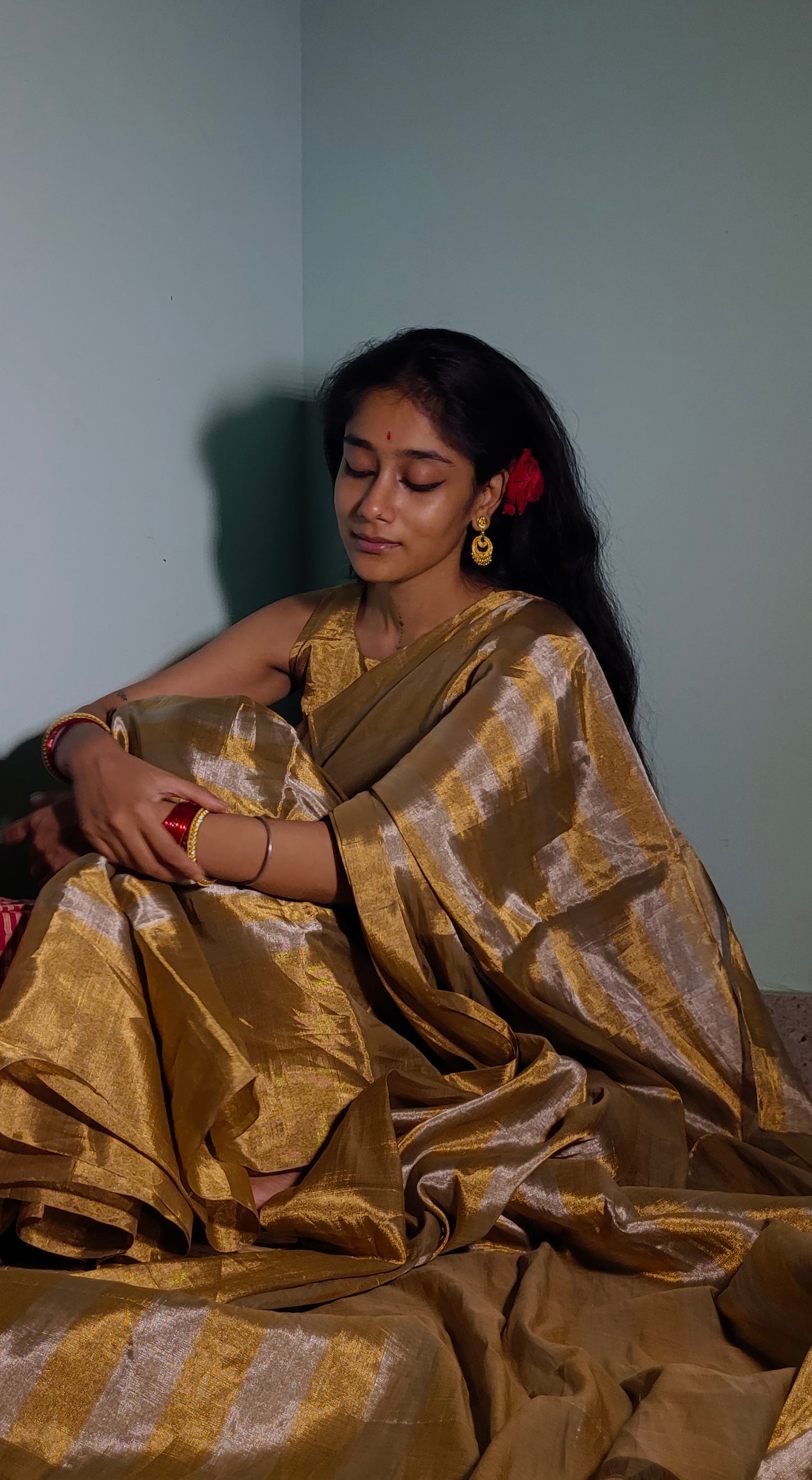 Gold and silver striped chanderi tissue silk saree