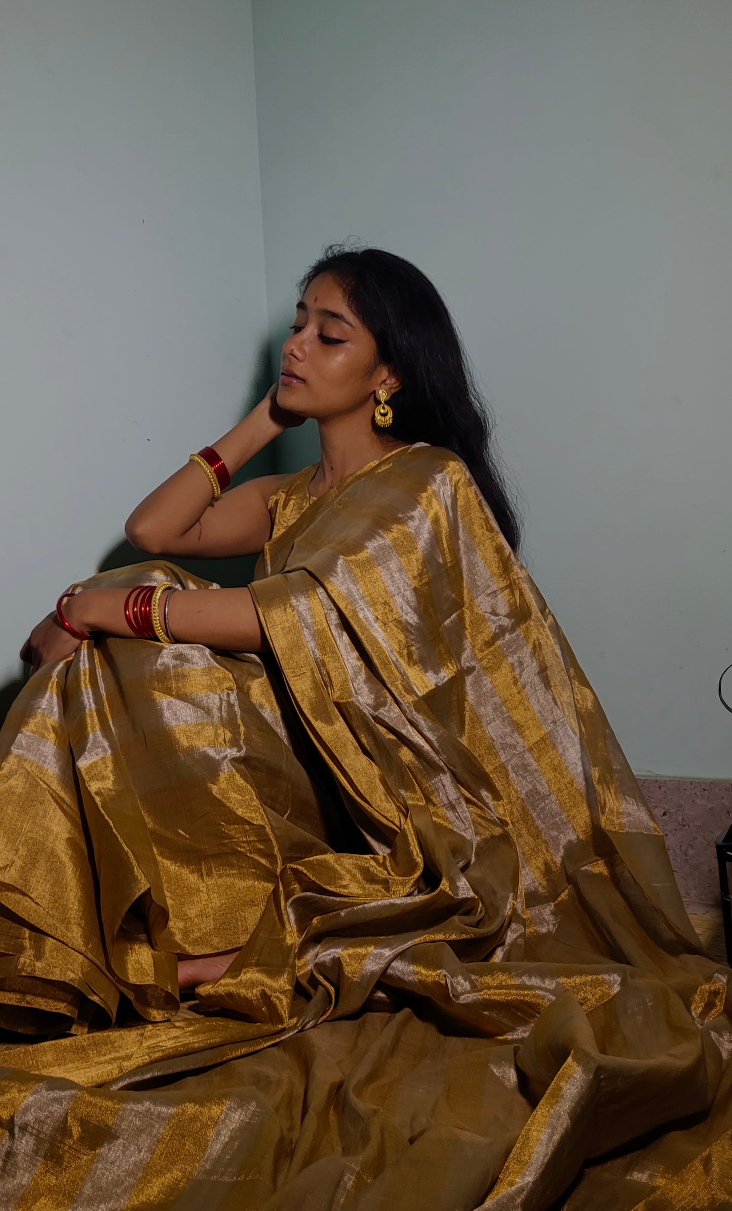 Gold and silver striped chanderi tissue silk saree