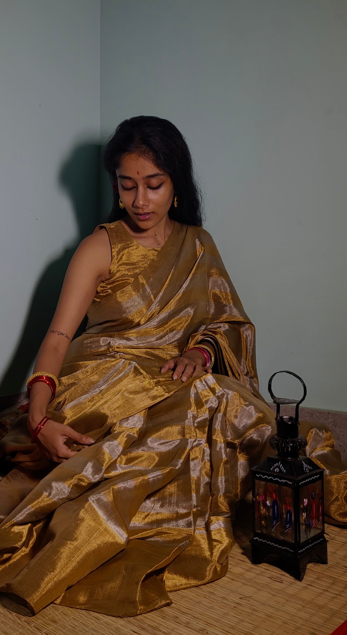 Gold and silver striped chanderi tissue silk saree