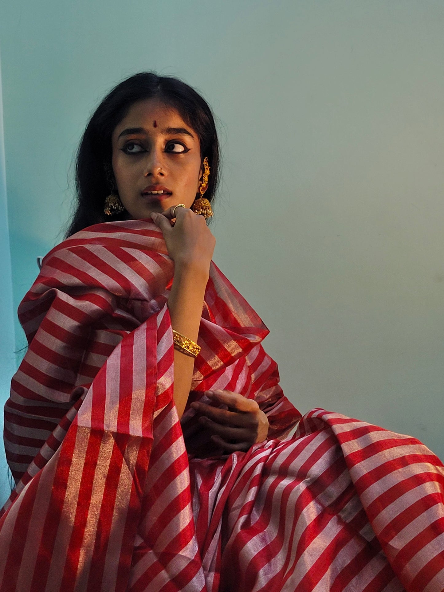 Red and silver striped chanderi tissue silk saree