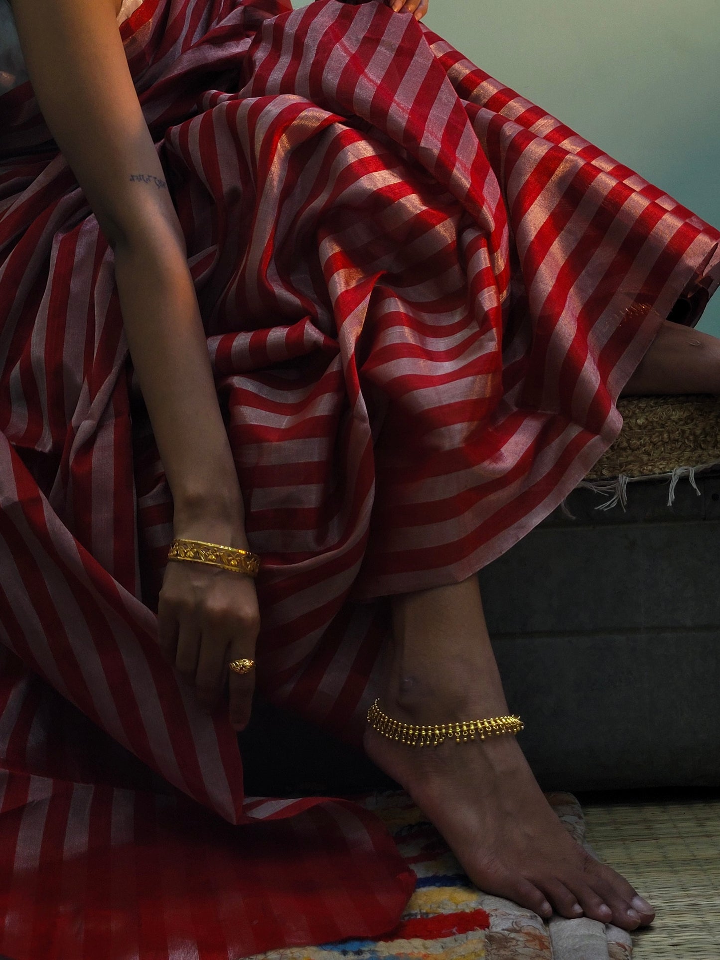 Red and silver striped chanderi tissue silk saree