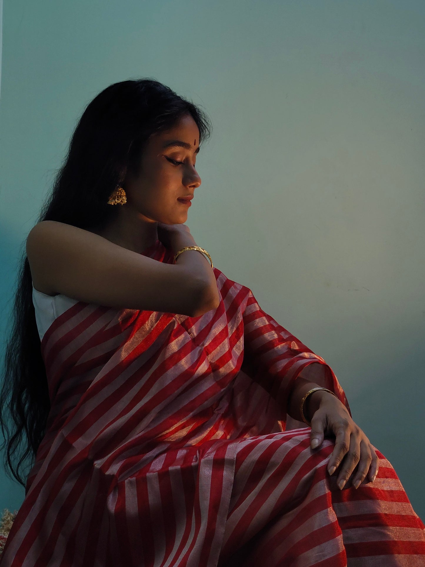 Red and silver striped chanderi tissue silk saree