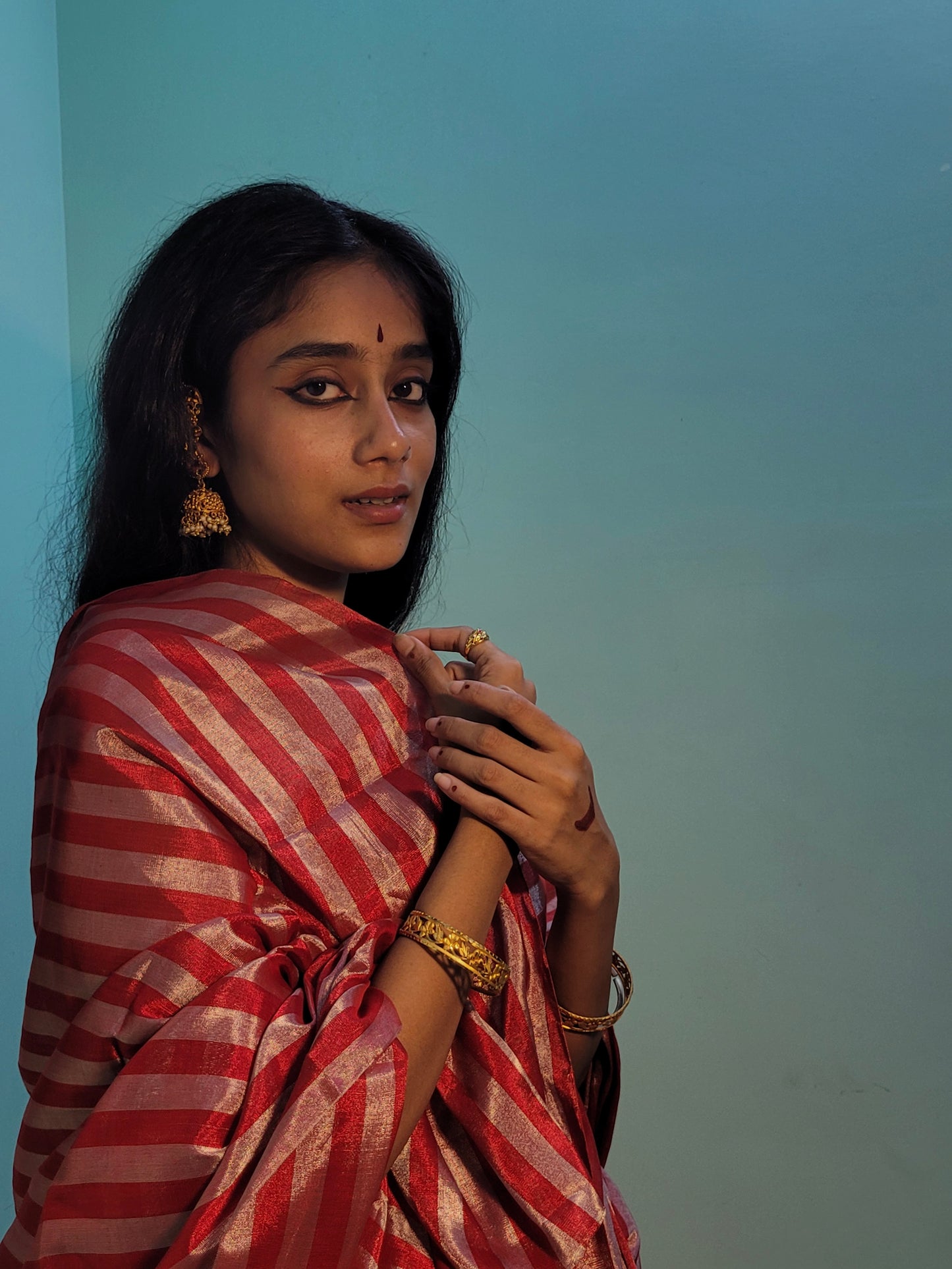 Red and silver striped chanderi tissue silk saree