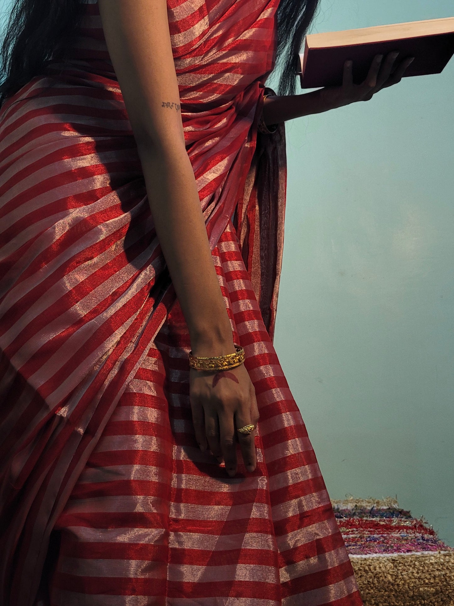 Red and silver striped chanderi tissue silk saree