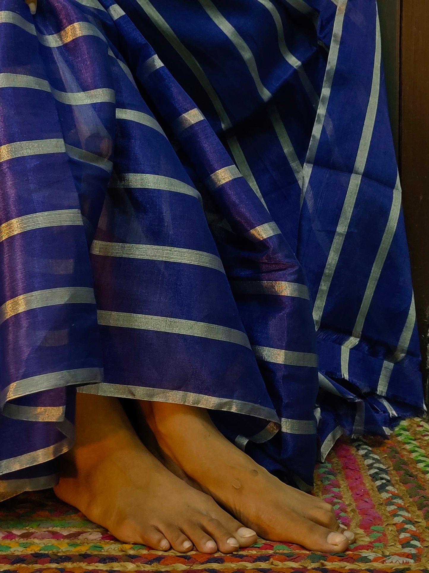 Dark blue and silver striped chanderi tissue silk saree