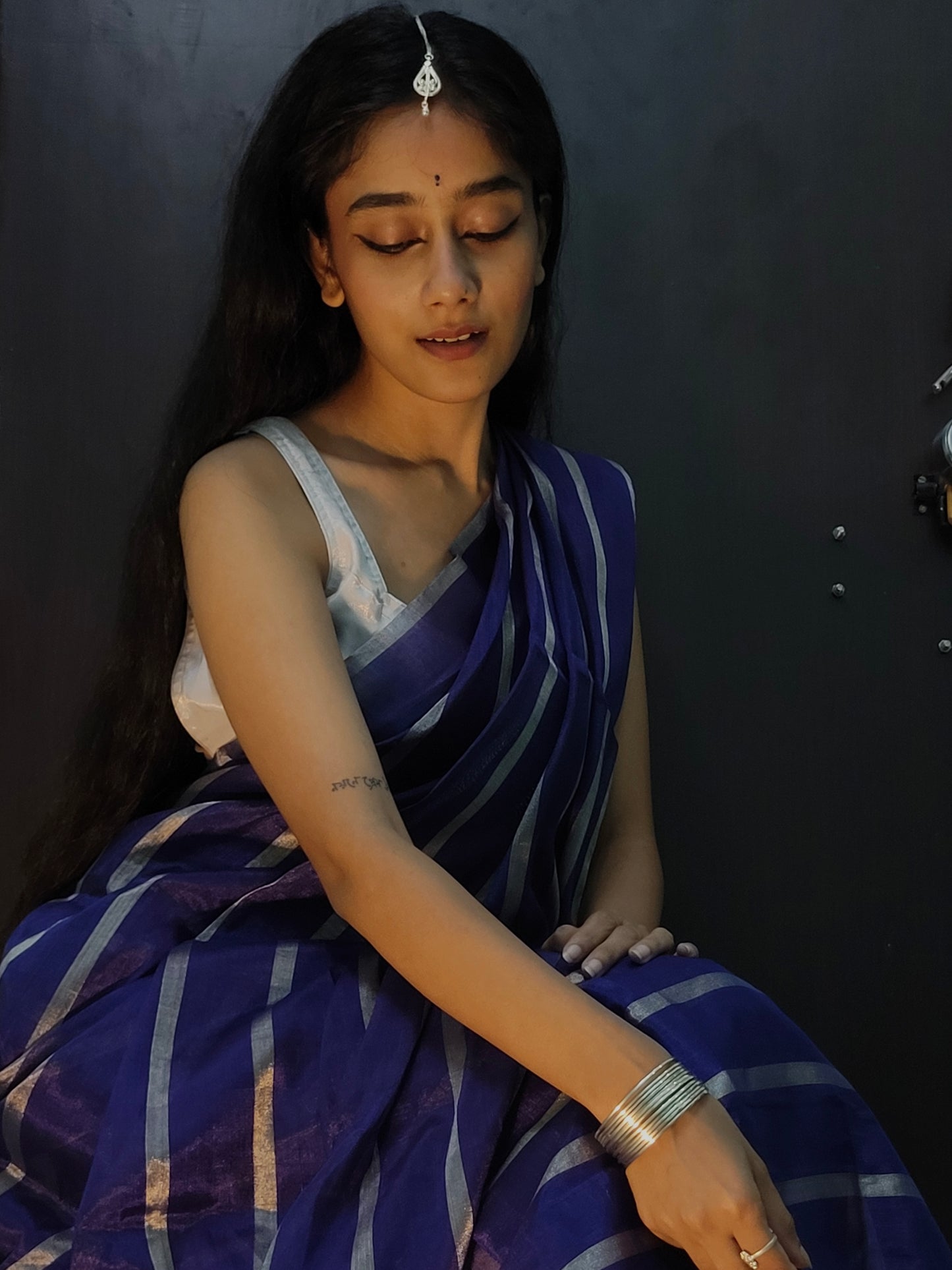 Dark blue and silver striped chanderi tissue silk saree