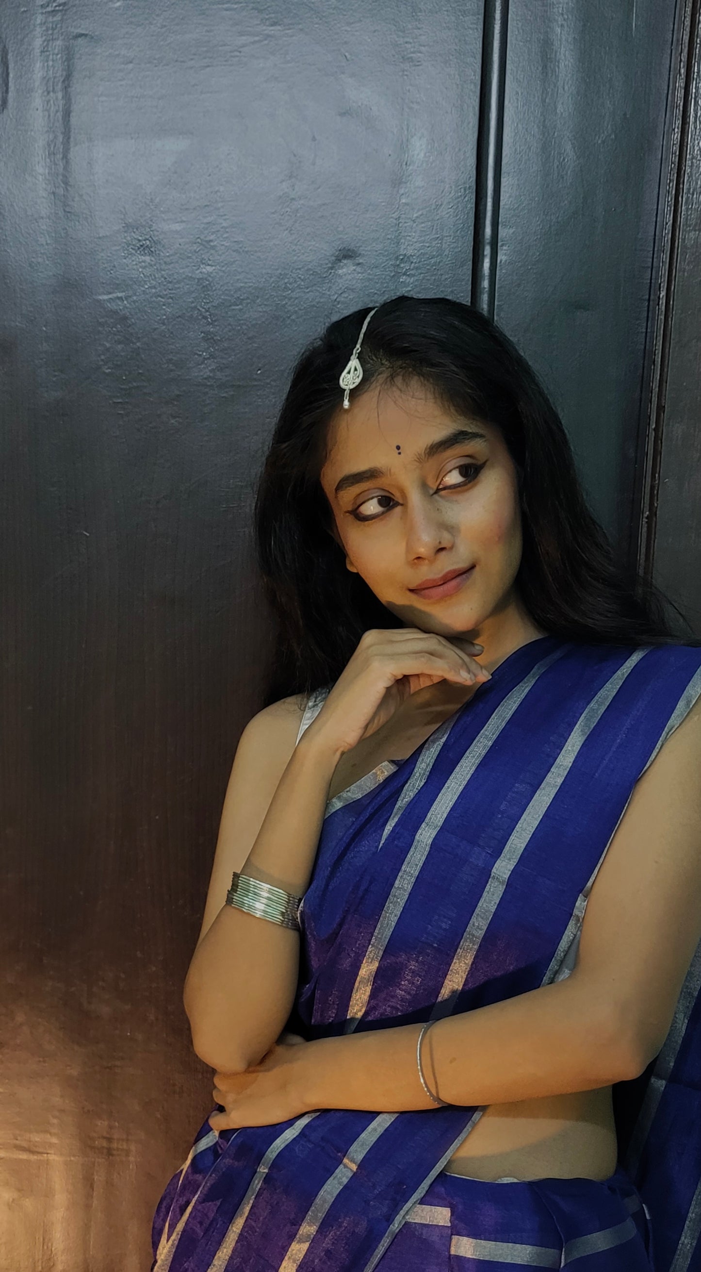 Dark blue and silver striped chanderi tissue silk saree