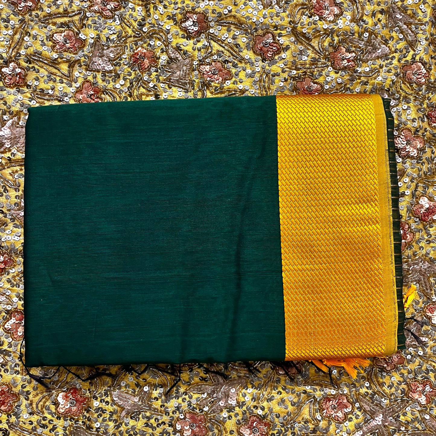 Bottle green and yellow maheshwari saree with resham border