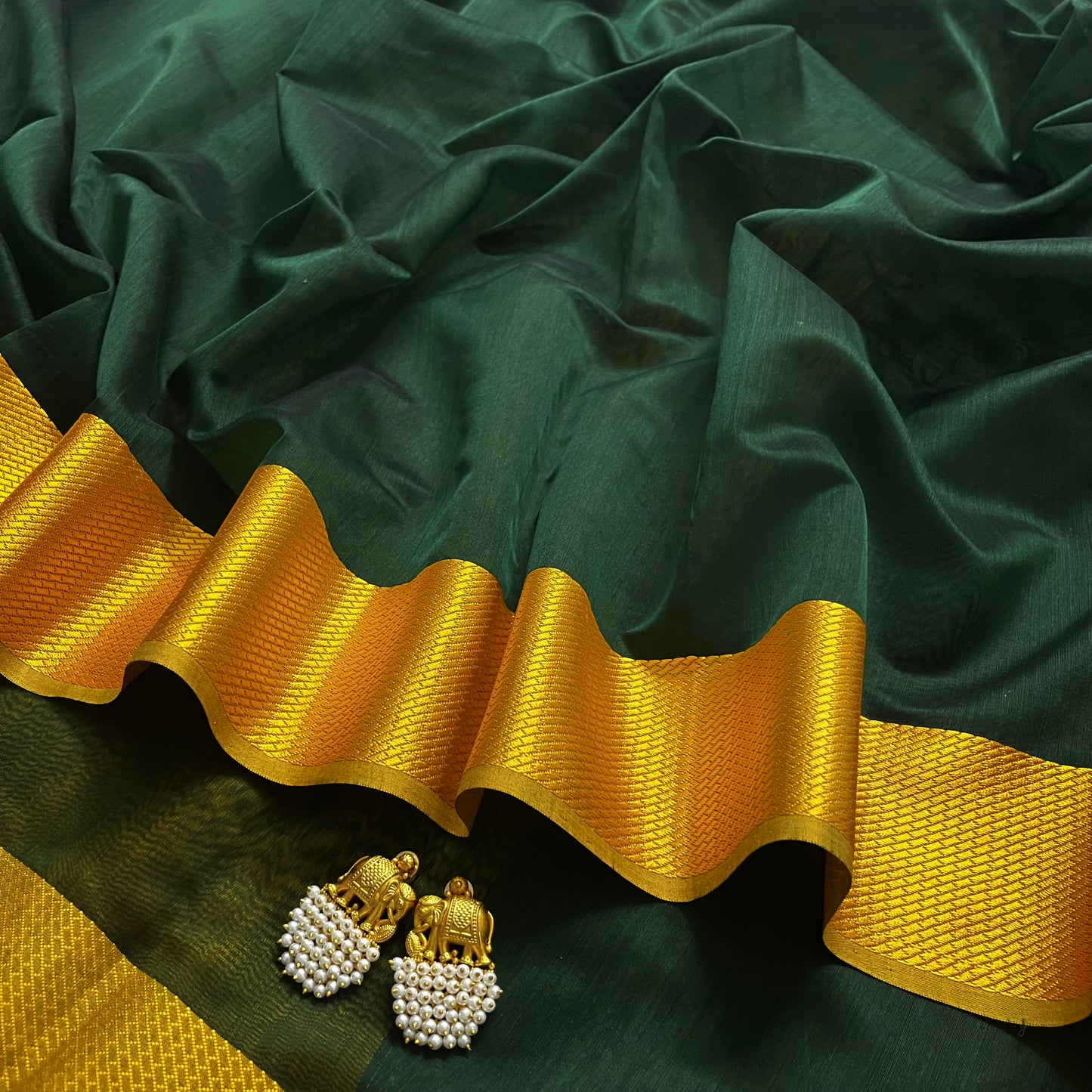 Bottle green and yellow maheshwari saree with resham border