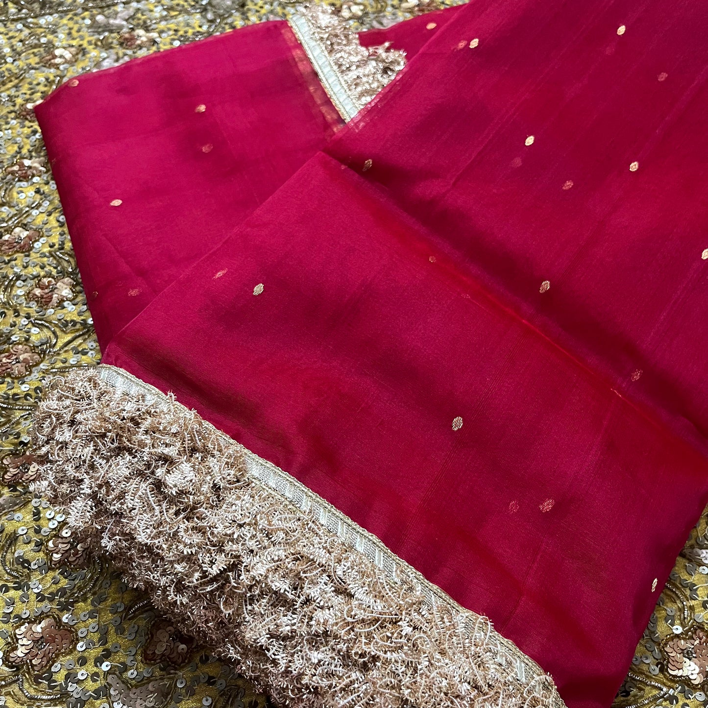 Dark rose chanderi silk saree with zari bootis all over