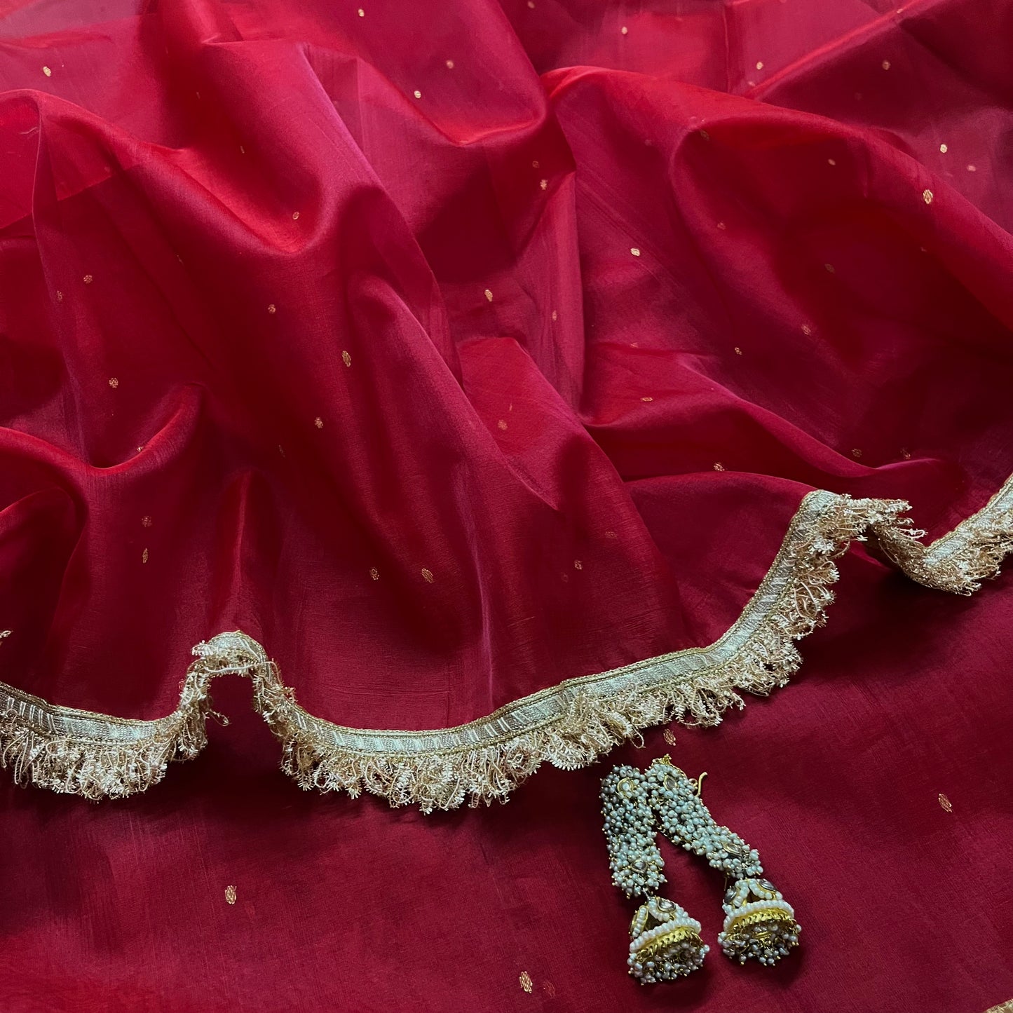 Dark rose chanderi silk saree with zari bootis all over