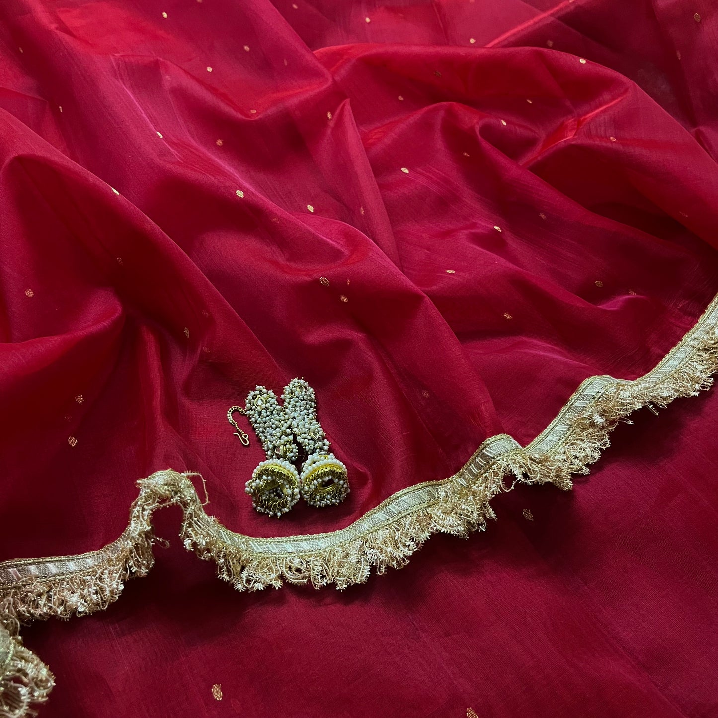 Dark rose chanderi silk saree with zari bootis all over