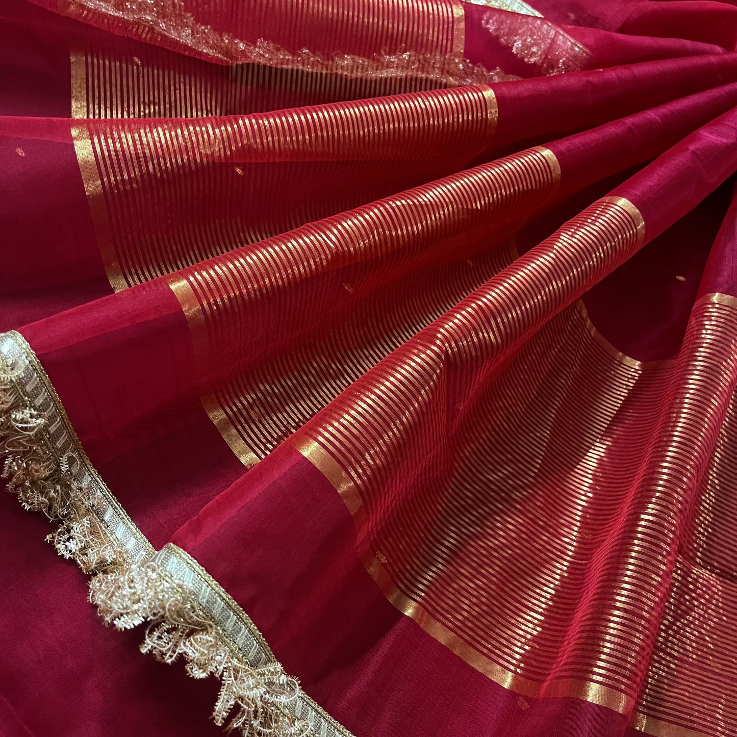 Dark rose chanderi silk saree with zari bootis all over