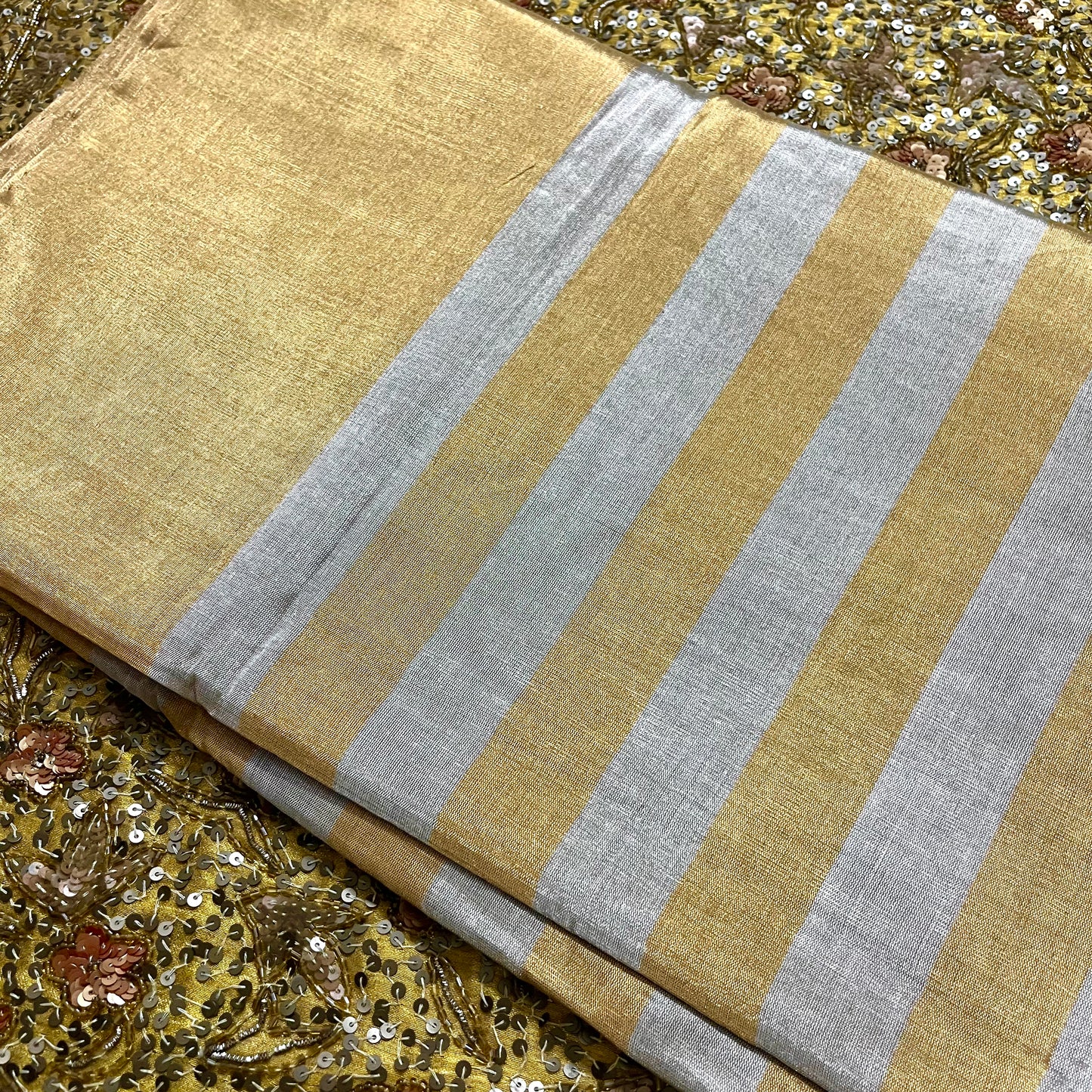 Gold and silver striped chanderi tissue silk saree