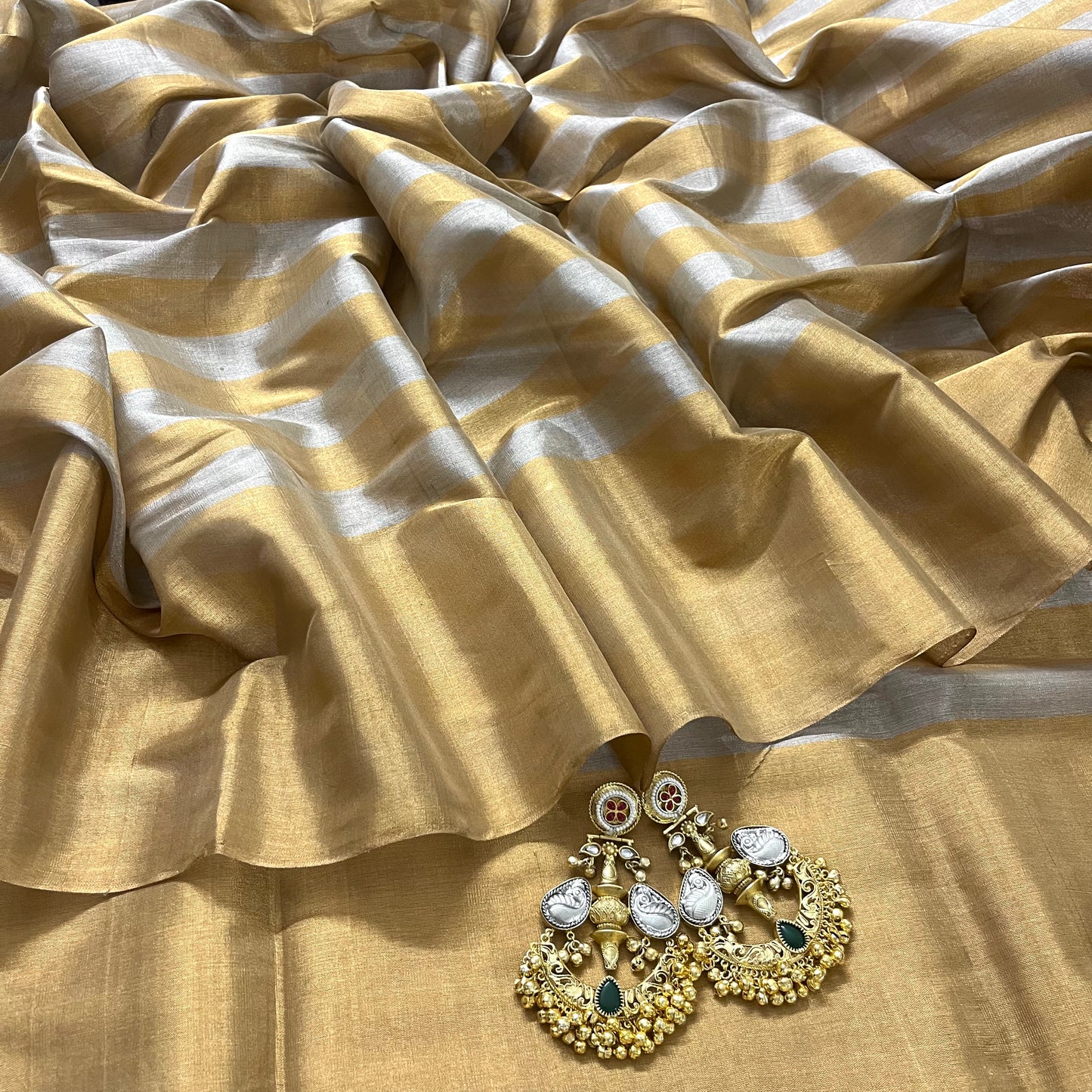 Gold and silver striped chanderi tissue silk saree