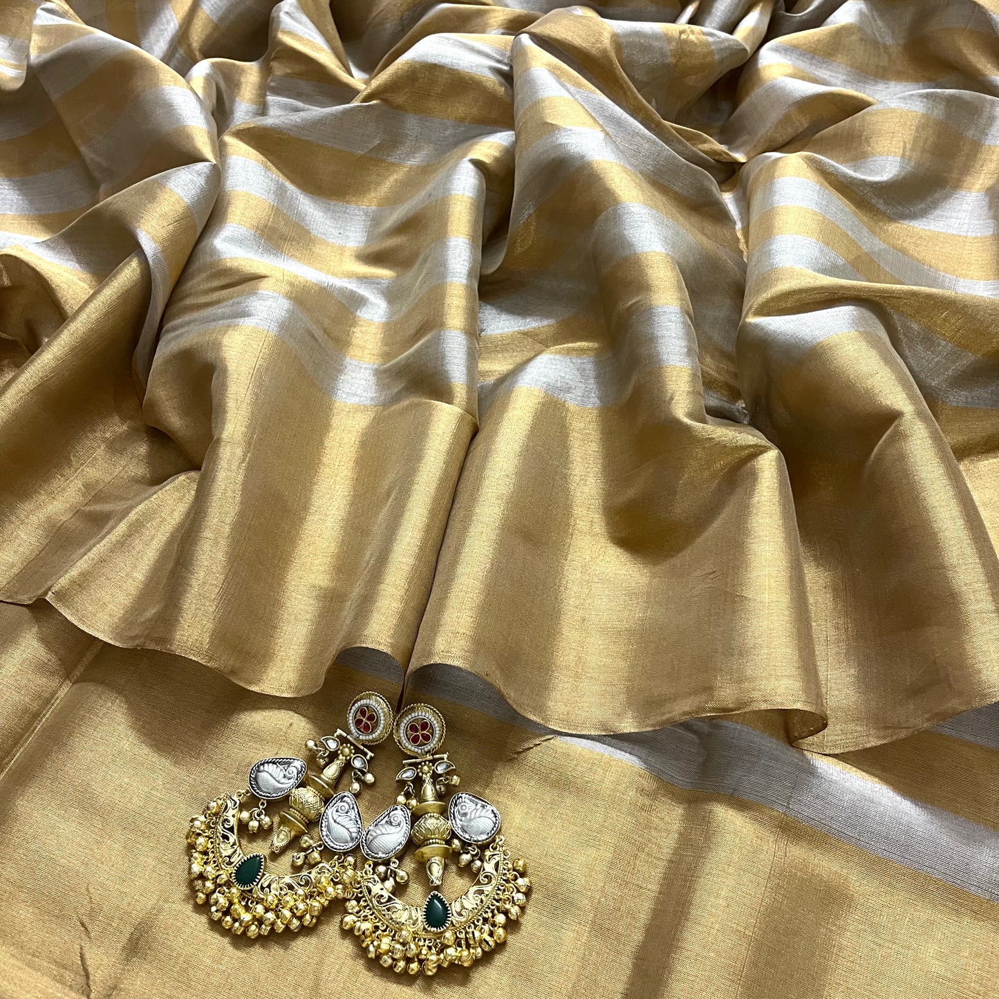 Gold and silver striped chanderi tissue silk saree