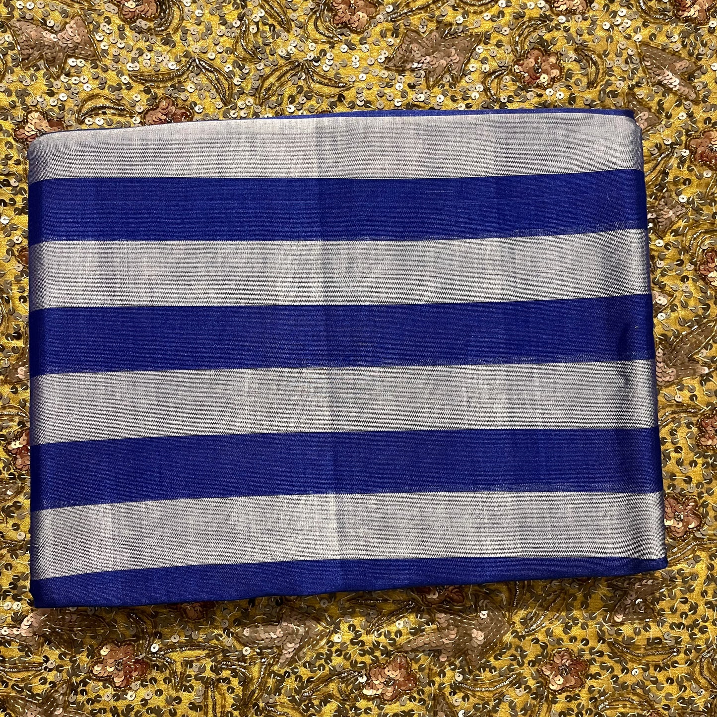 Silver and blue striped chanderi tissue silk saree