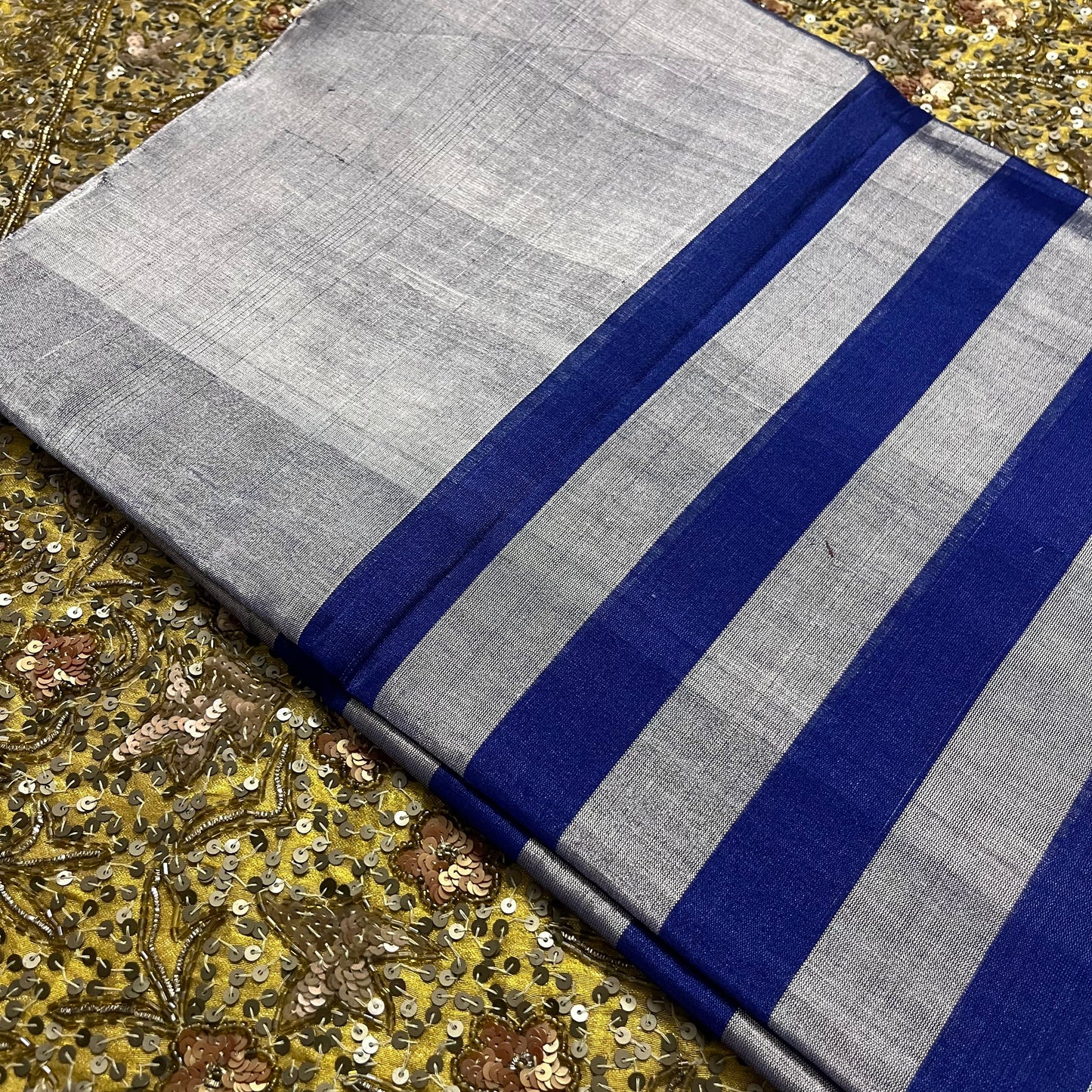 Silver and blue striped chanderi tissue silk saree
