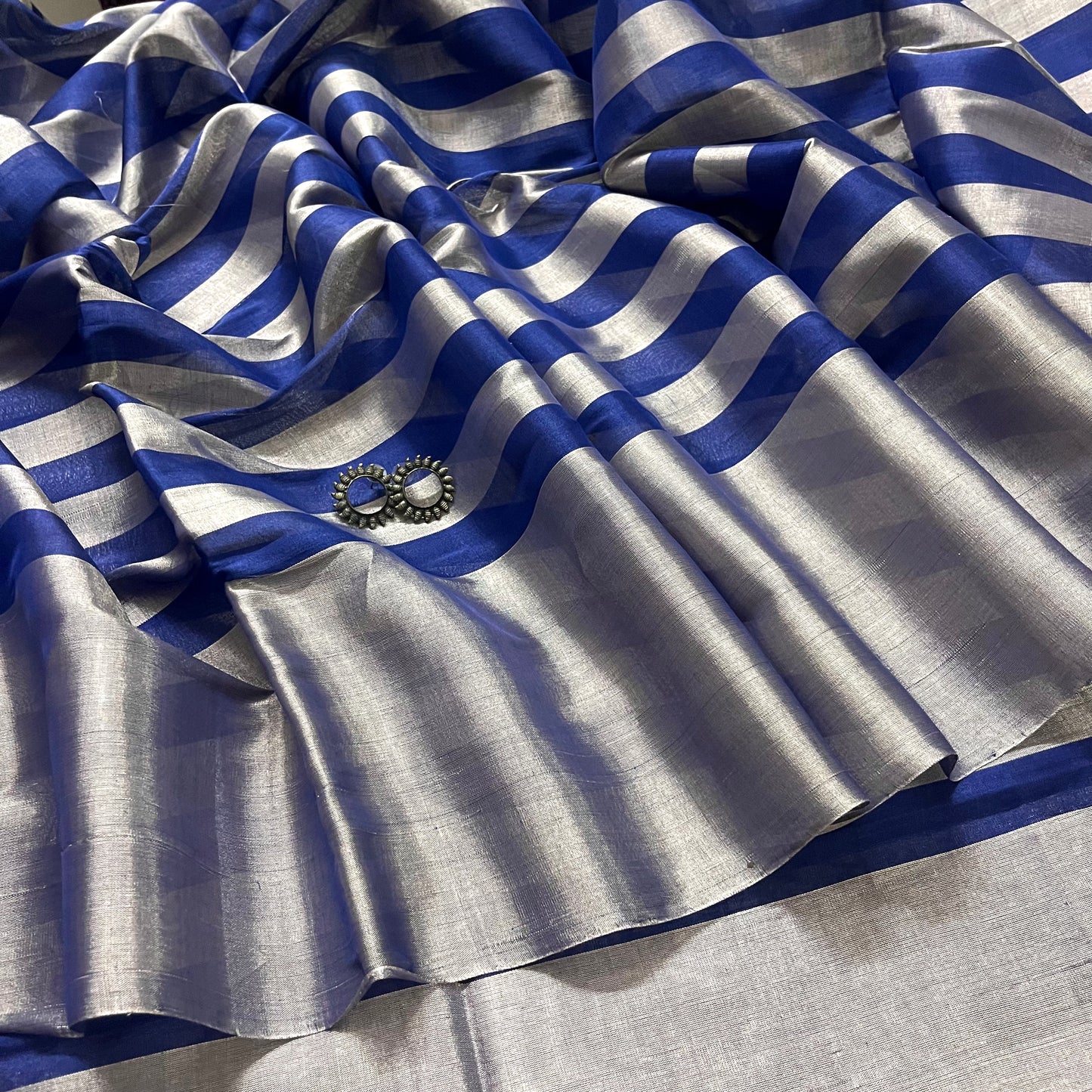 Silver and blue striped chanderi tissue silk saree