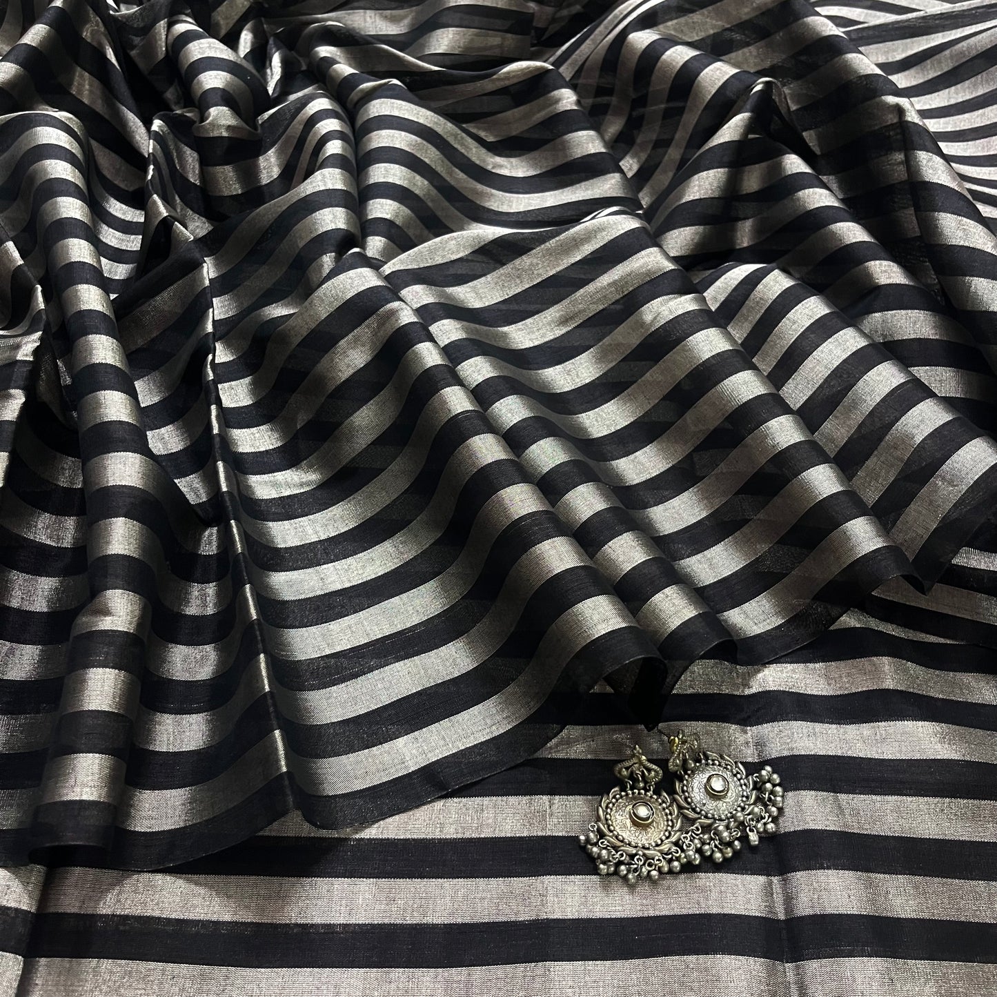 Black and silver striped chanderi tissue silk saree