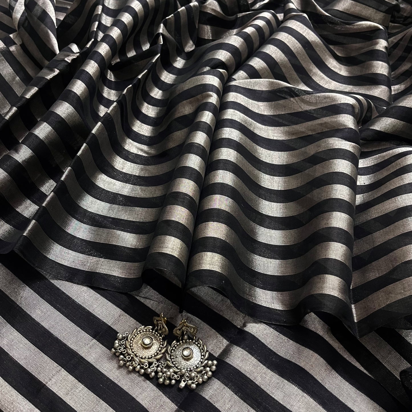 Black and silver striped chanderi tissue silk saree