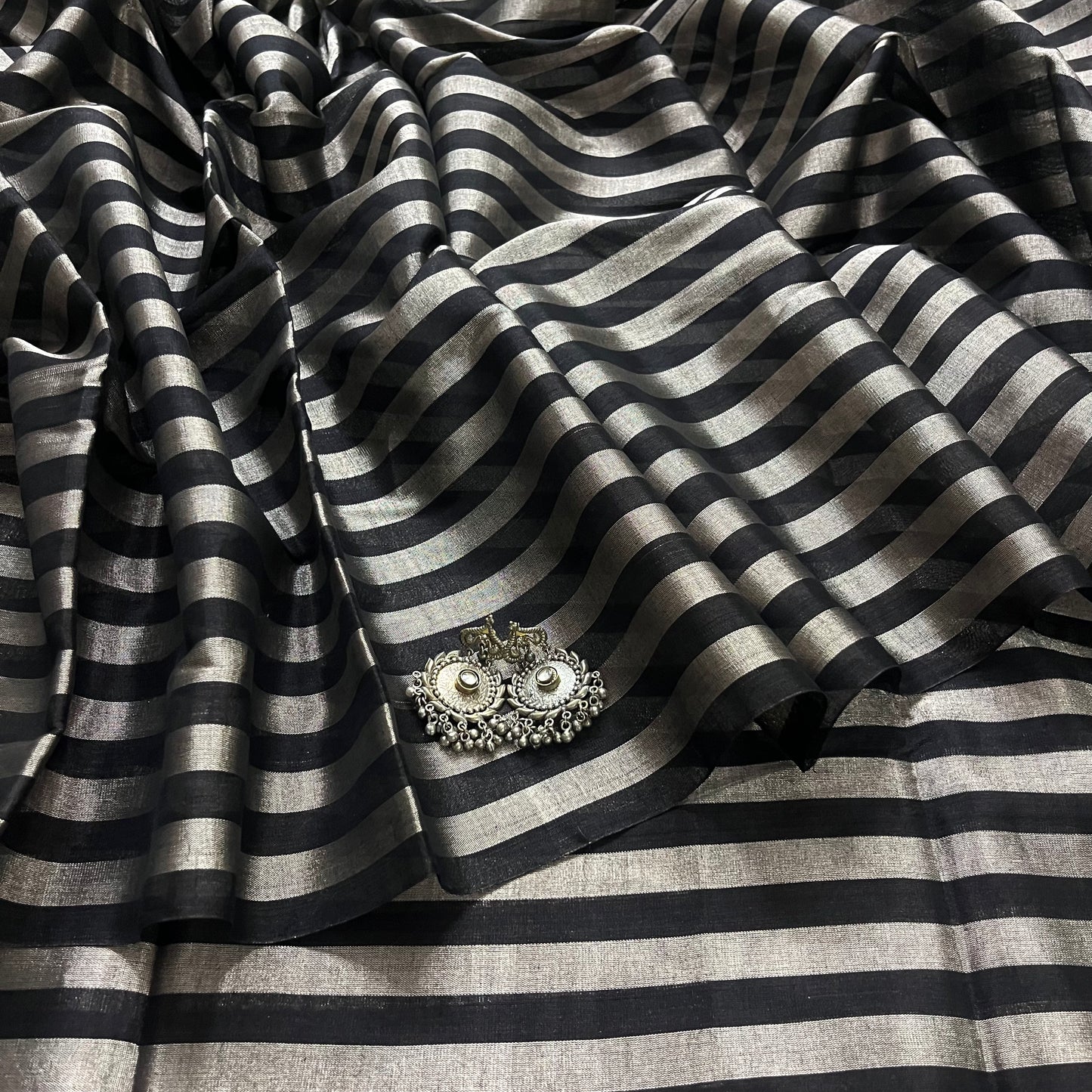 Black and silver striped chanderi tissue silk saree