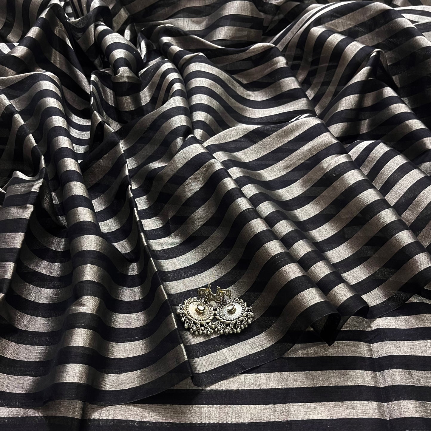 Black and silver striped chanderi tissue silk saree
