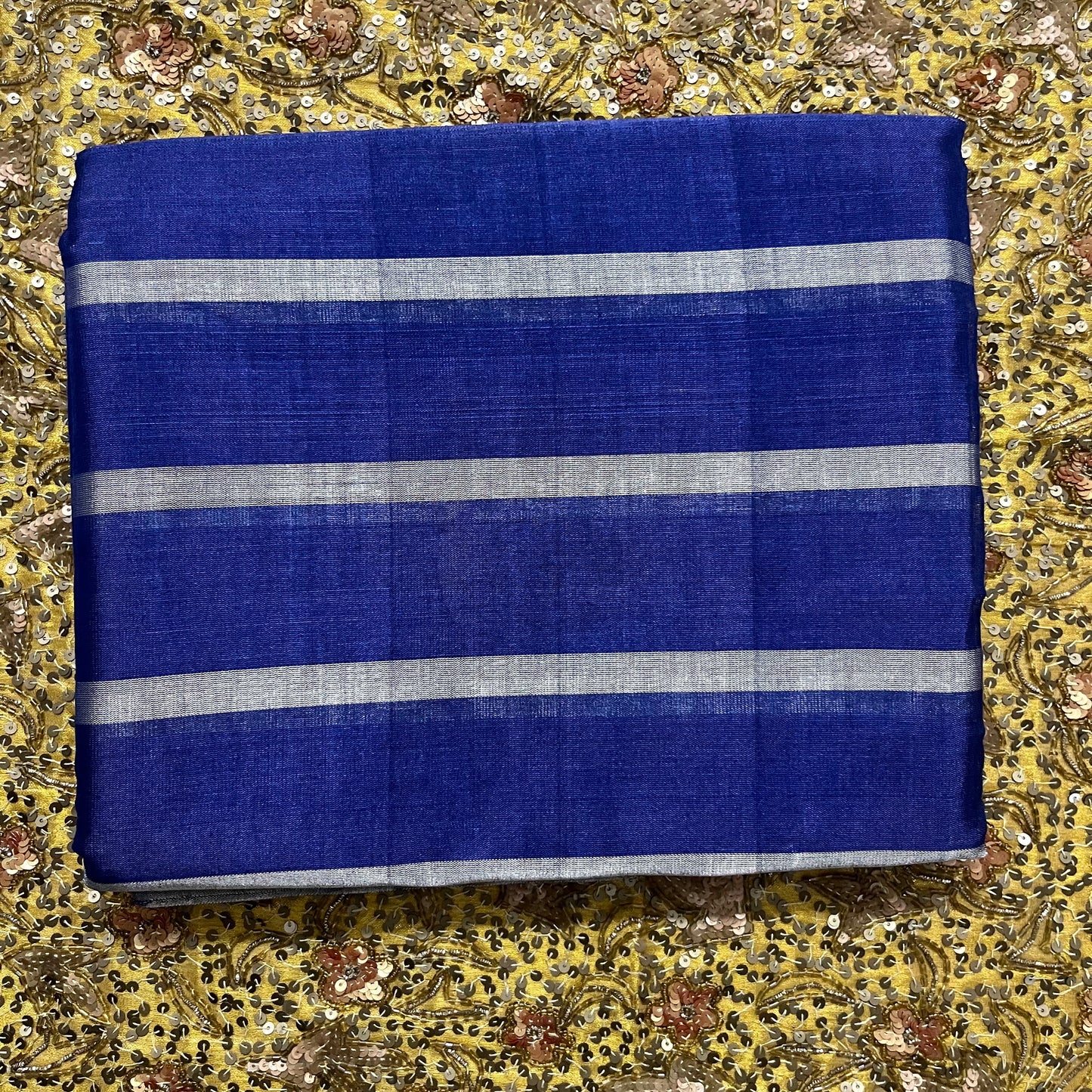 Dark blue and silver striped chanderi tissue silk saree