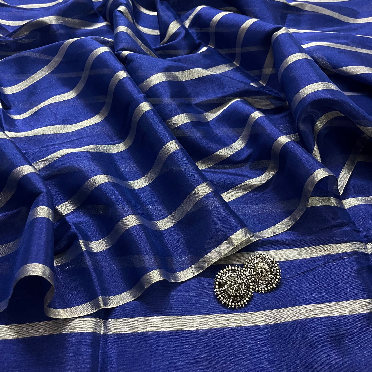 Dark blue and silver striped chanderi tissue silk saree