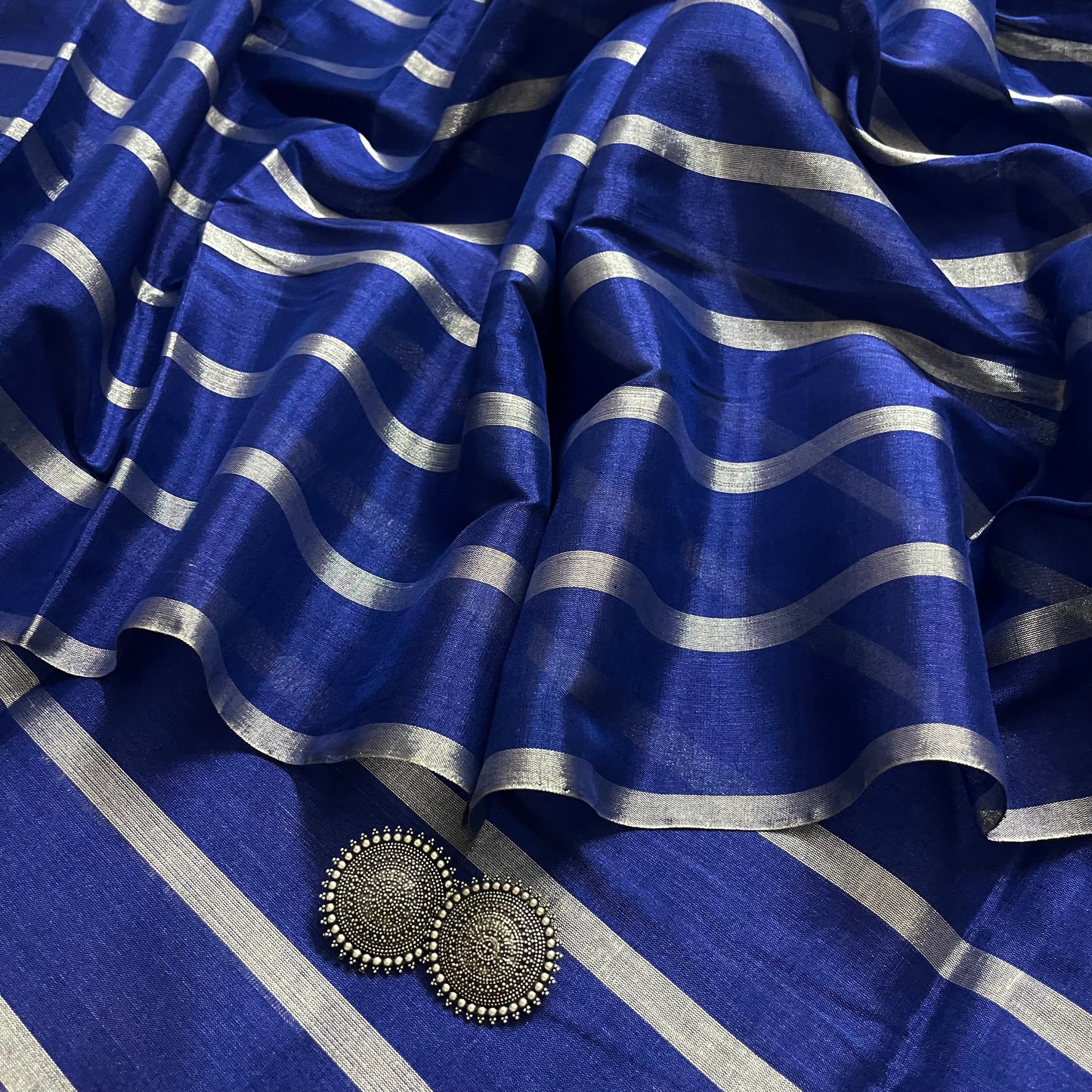 Dark blue and silver striped chanderi tissue silk saree
