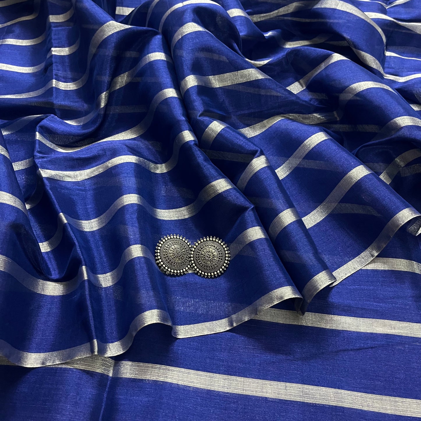 Dark blue and silver striped chanderi tissue silk saree