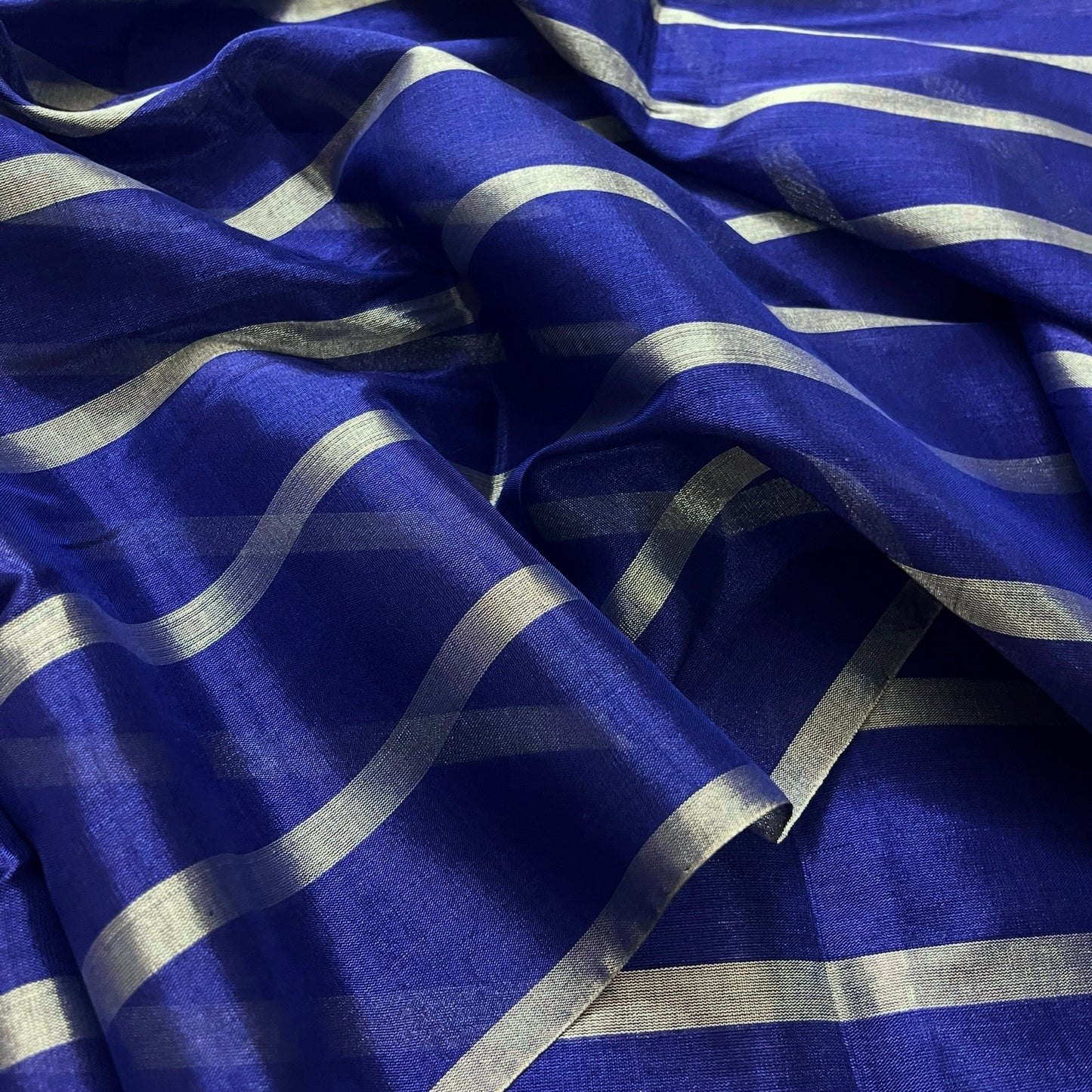 Dark blue and silver striped chanderi tissue silk saree